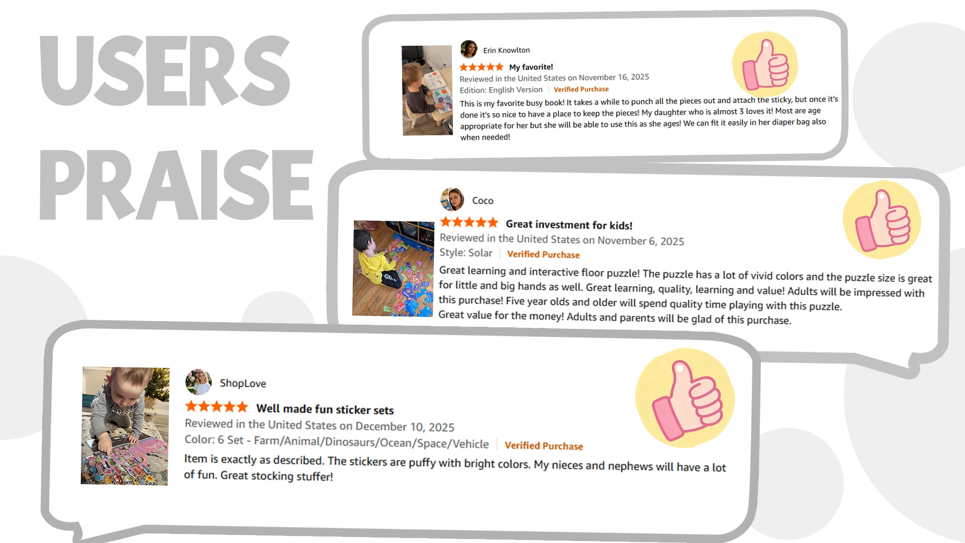 Customer praise overview with verified review screenshots