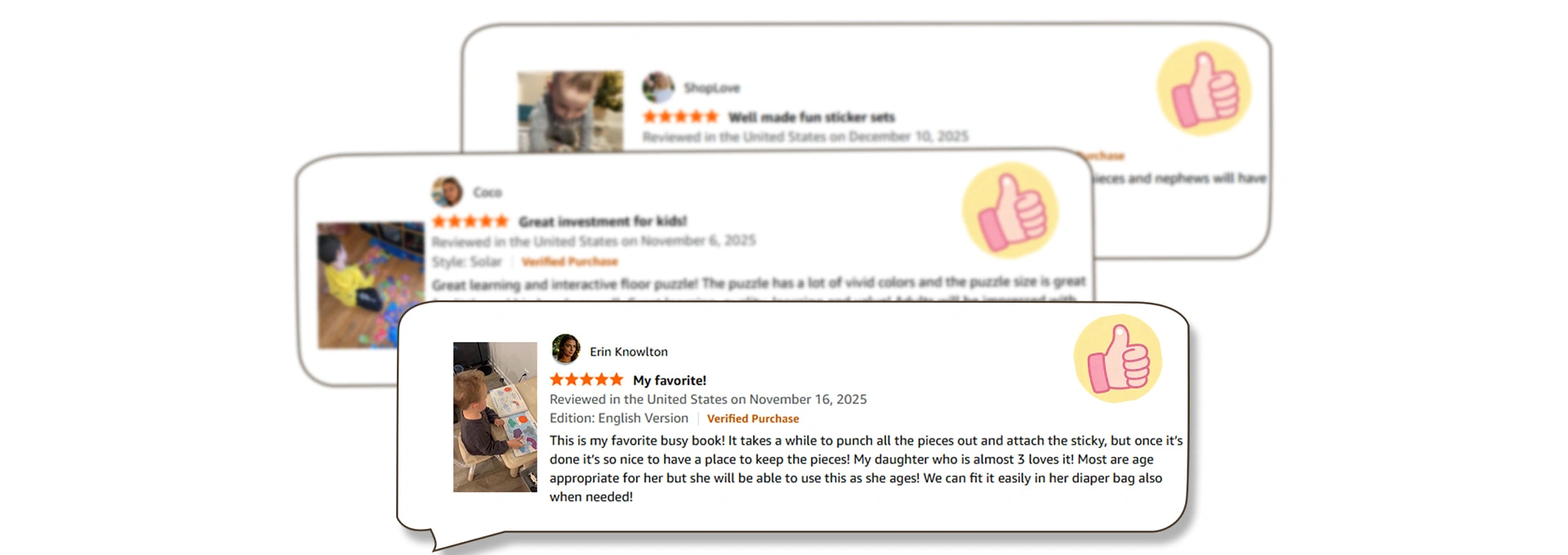 Layered customer review screenshots for custom printed products