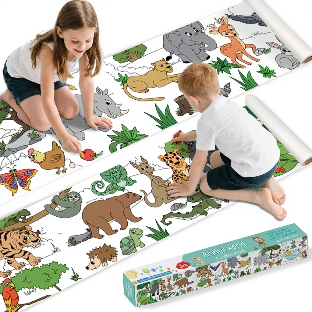 118″ X 15″ Sticky Giant Animal-Themed Coloring Roll for Kids Ages 4-8 Perforated Easy Tearing DIY Paper Roll Box Packaging