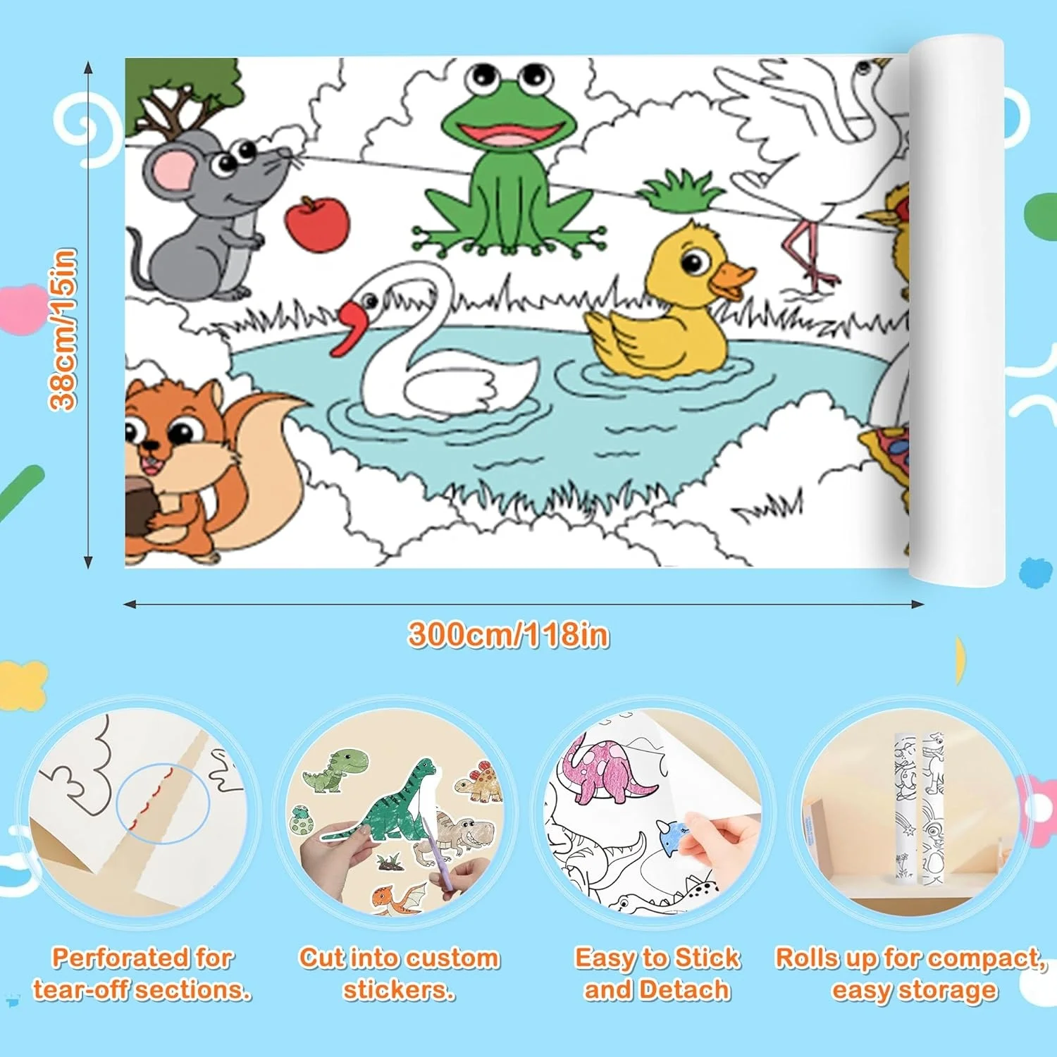 118 ” X 15 ” Sticky Giant Coloring Rolls for Kids, Perforated for Easy Tearing, DIY Paper Roll, Drawing Roll Paper for Kid