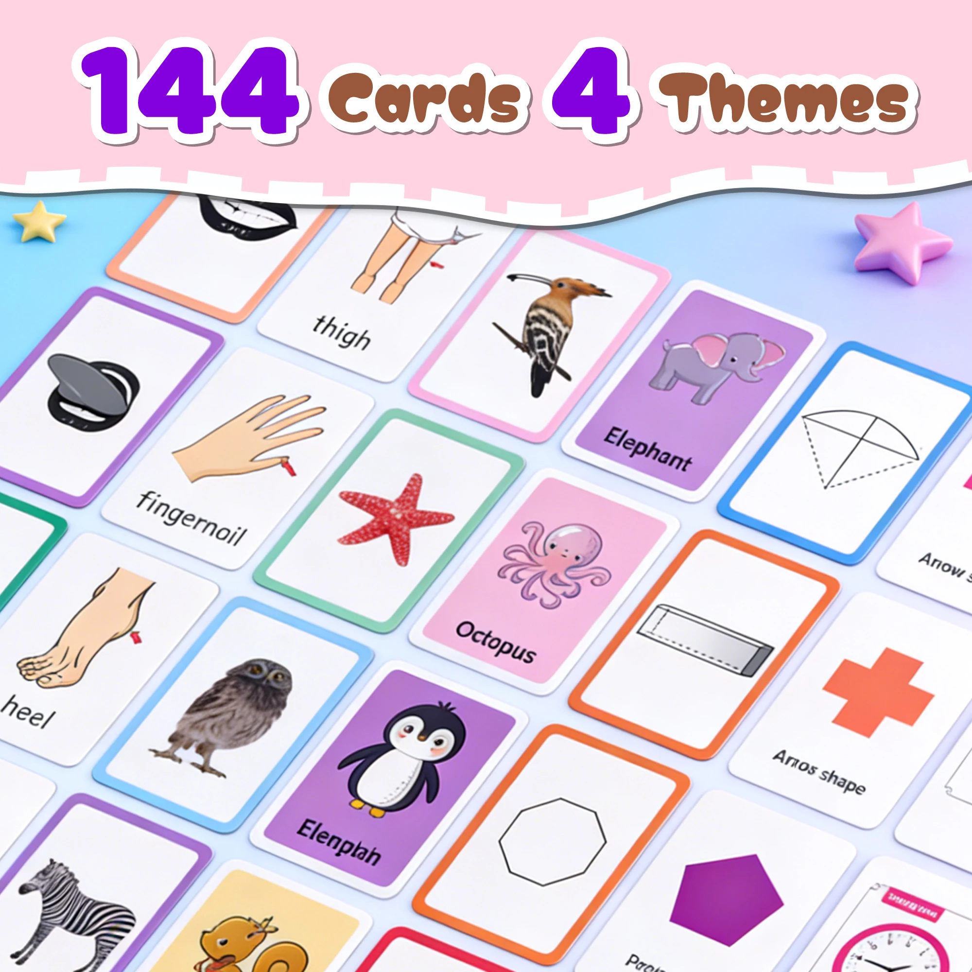 4 Set in 1, 144 Pcs Flash Cards, Word-Picture Recognition – Telling Time, Animal, Shape, Body Parts Flashcards , Flash Cards