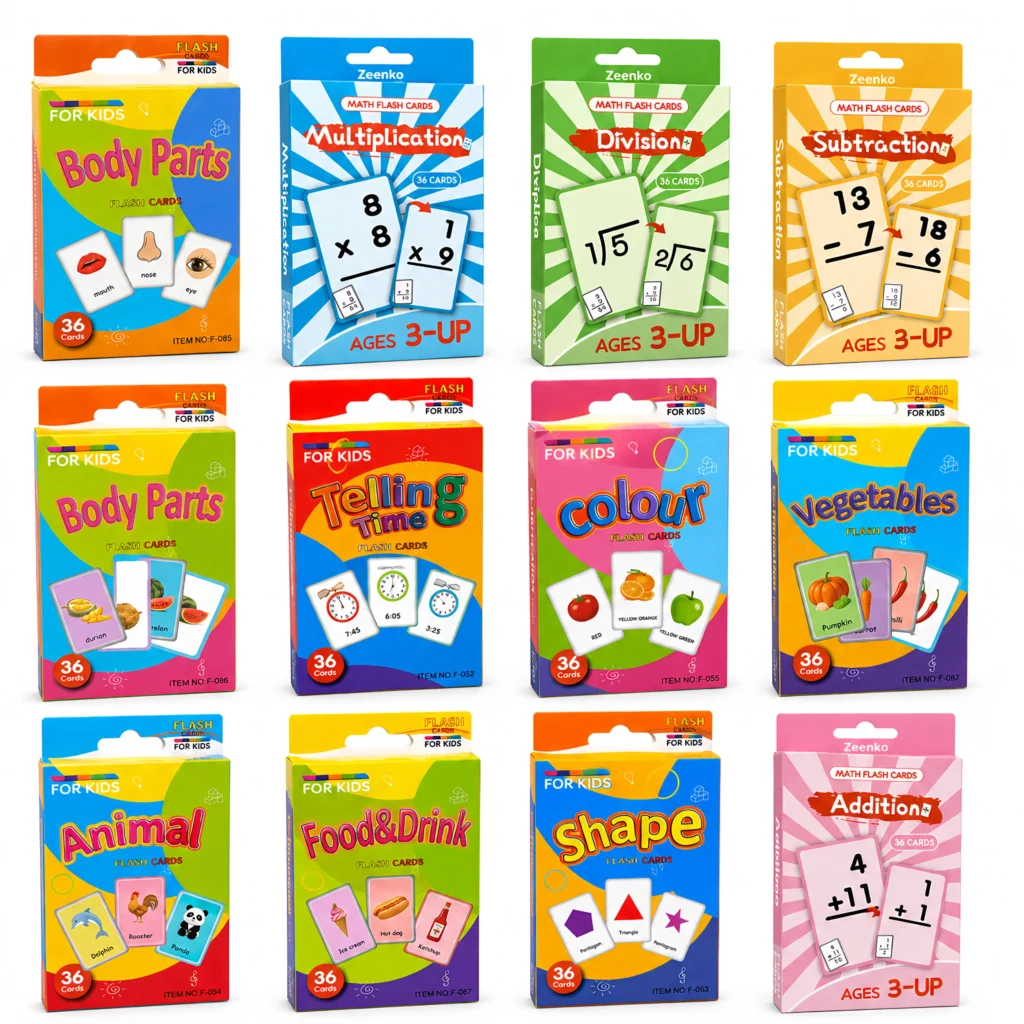 4 Set in 1, 144 Pcs Flash Cards, Word-Picture Recognition – Telling Time, Animal, Shape, Body Parts Flashcards , Flash Cards