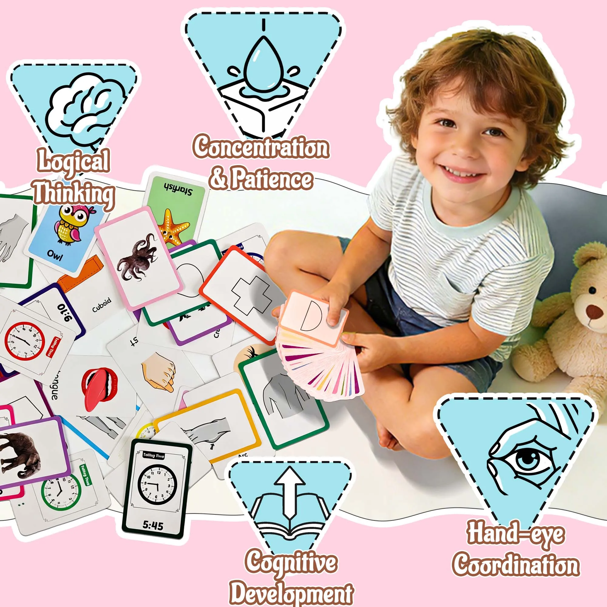 4 Set in 1, 144 Pcs Flash Cards, Word-Picture Recognition – Telling Time, Animal, Shape, Body Parts Flashcards , Flash Cards