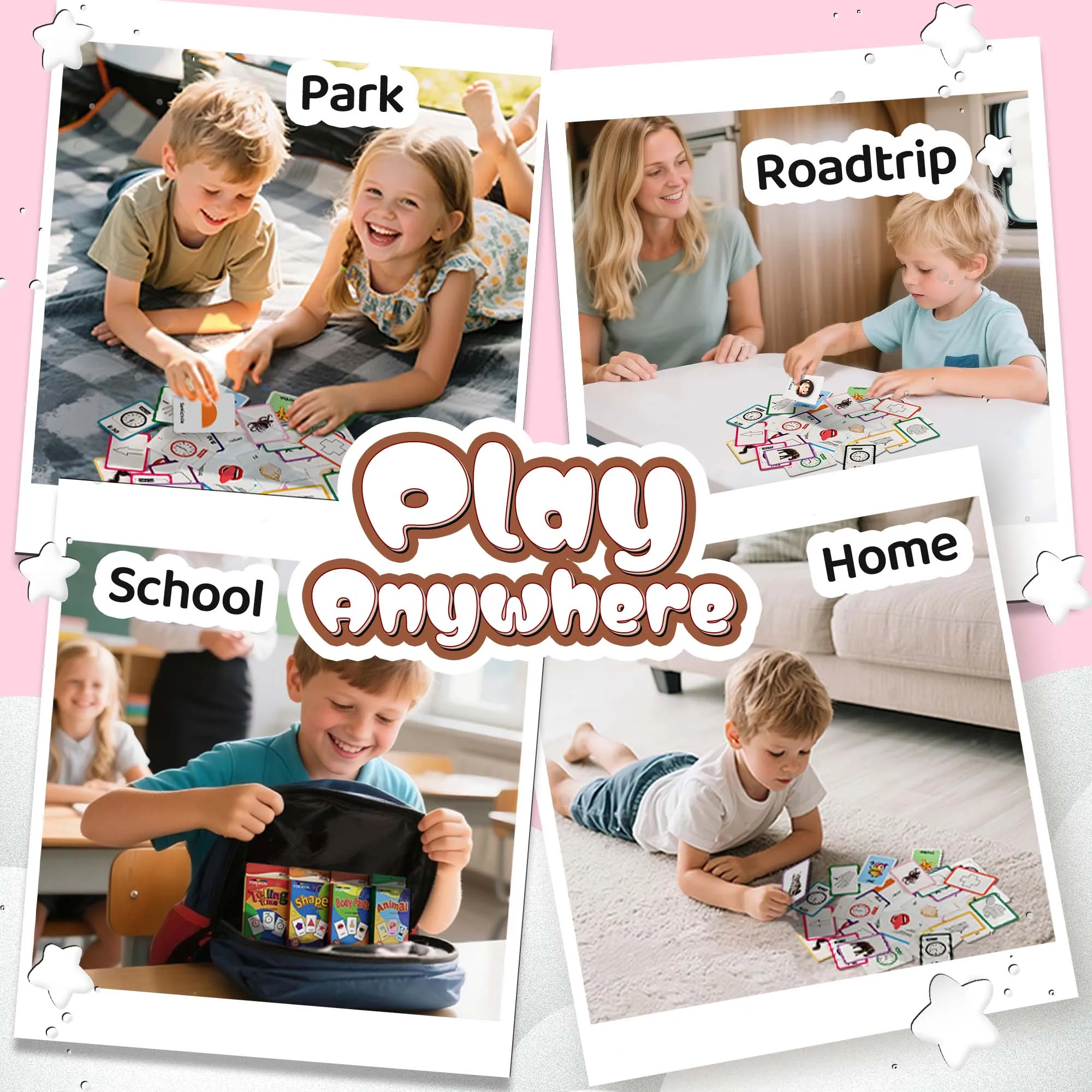 4 Set in 1, 144 Pcs Flash Cards, Word-Picture Recognition – Telling Time, Animal, Shape, Body Parts Flashcards , Flash Cards