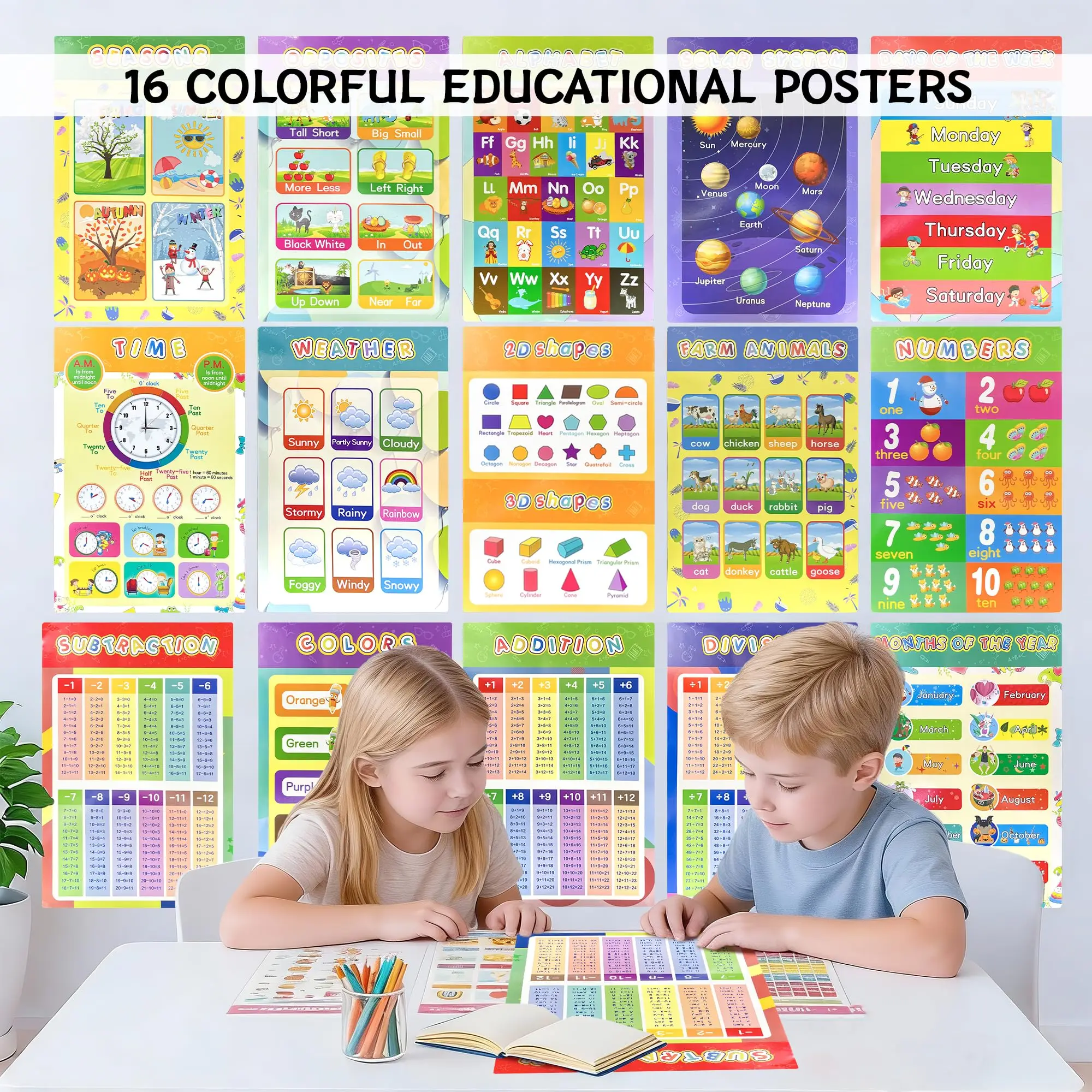 16 Packs 16.7 ” X 11 ” Laminated Learning Posters for Toddlers 1-3, Toddler Educational Poster for Classroom with Glue Dots