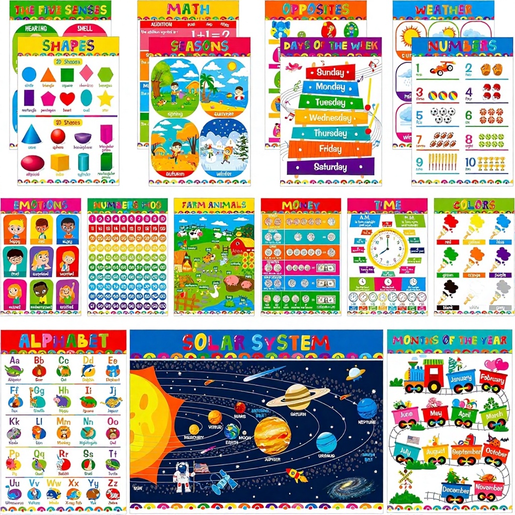 16 Packs 16.7 ” X 11 ” Laminated Learning Posters for Toddlers 1-3, Toddler Educational Poster for Classroom with Glue Dots