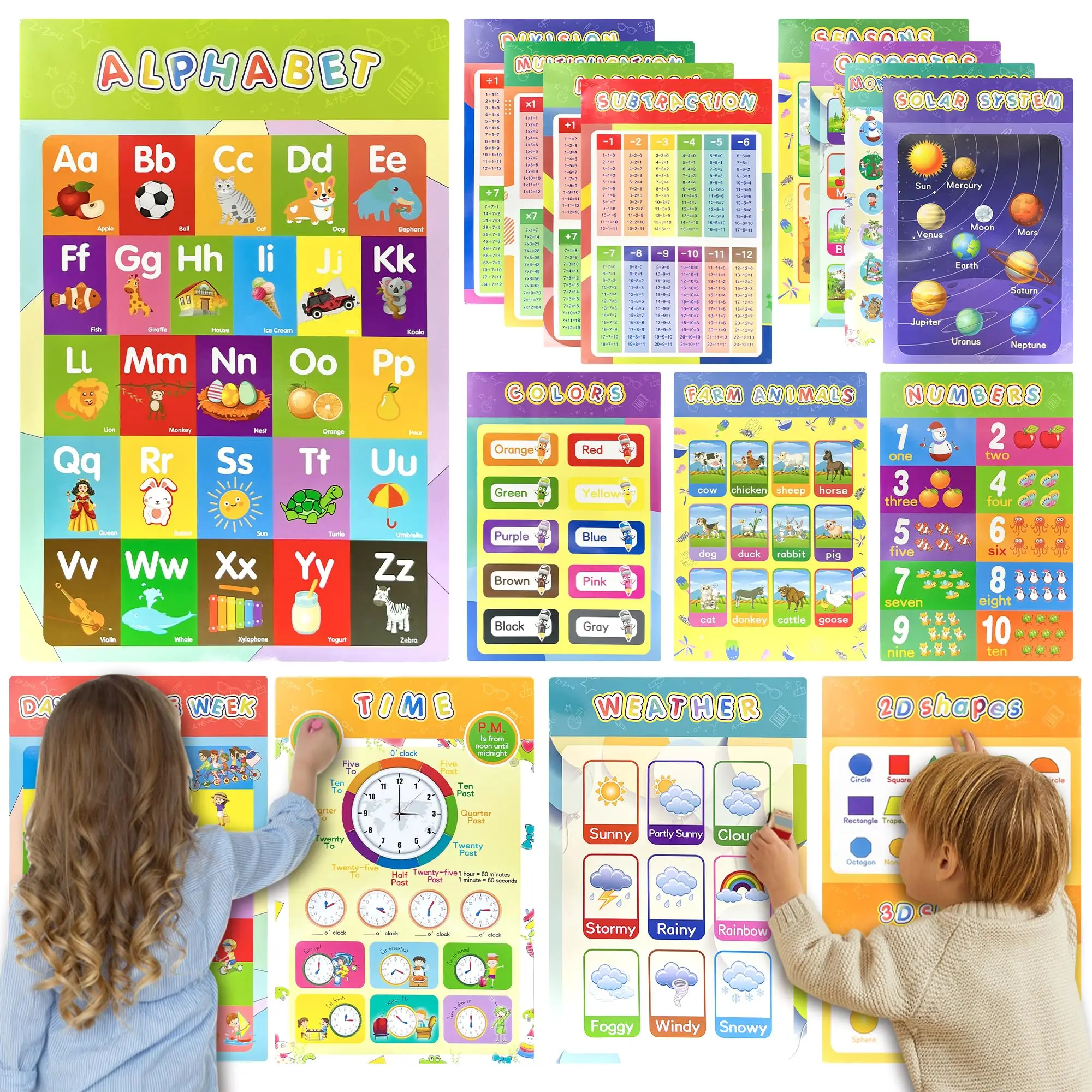 16 Packs 16.7 ” X 11 ” Laminated Learning Posters for Toddlers 1-3, Toddler Educational Poster for Classroom with Glue Dots