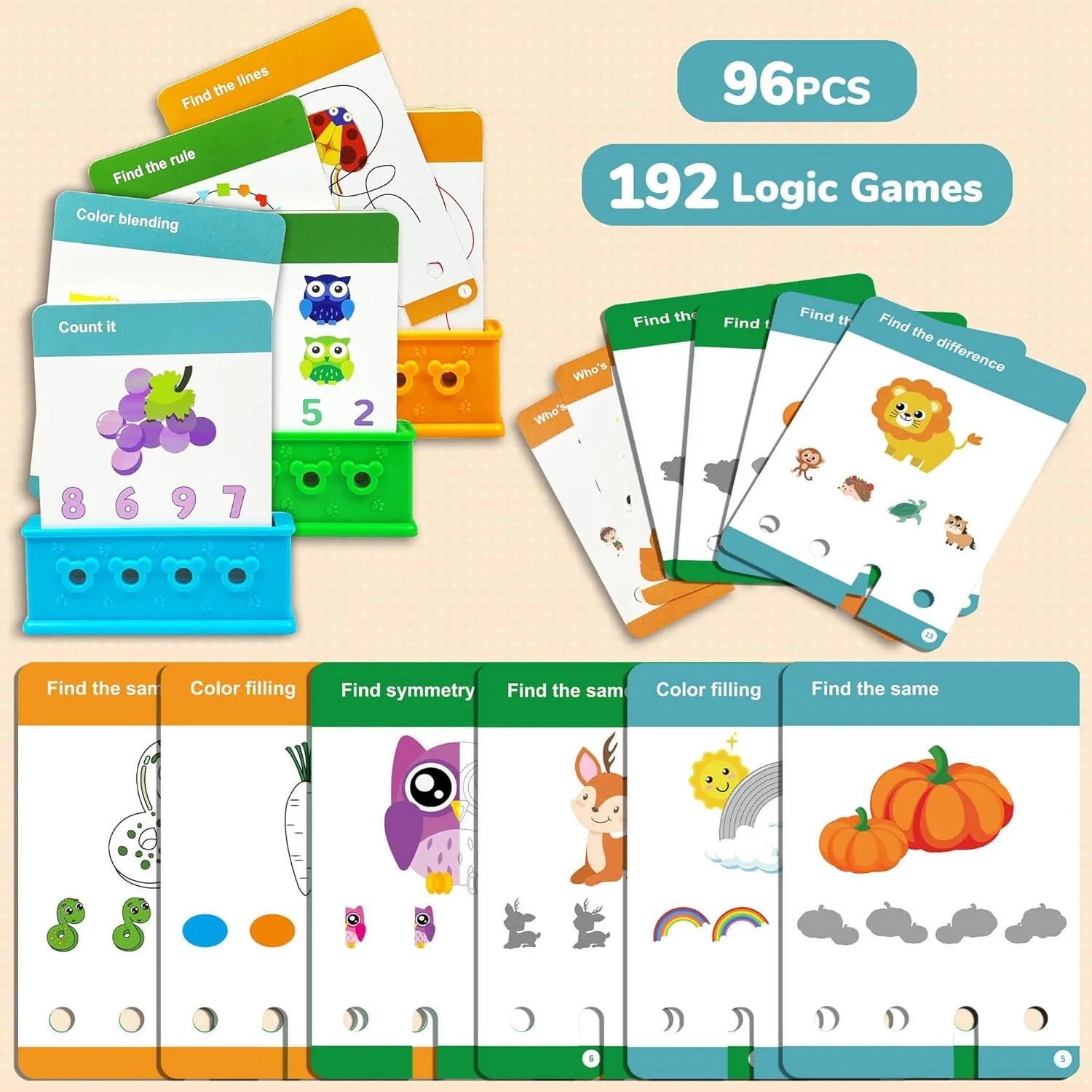 192 Activities 3 Levels 1 Logic Flashcard Puzzles Kindergarten Paper Flash Cards for Kids Ages 4-8 Brain Teasers
