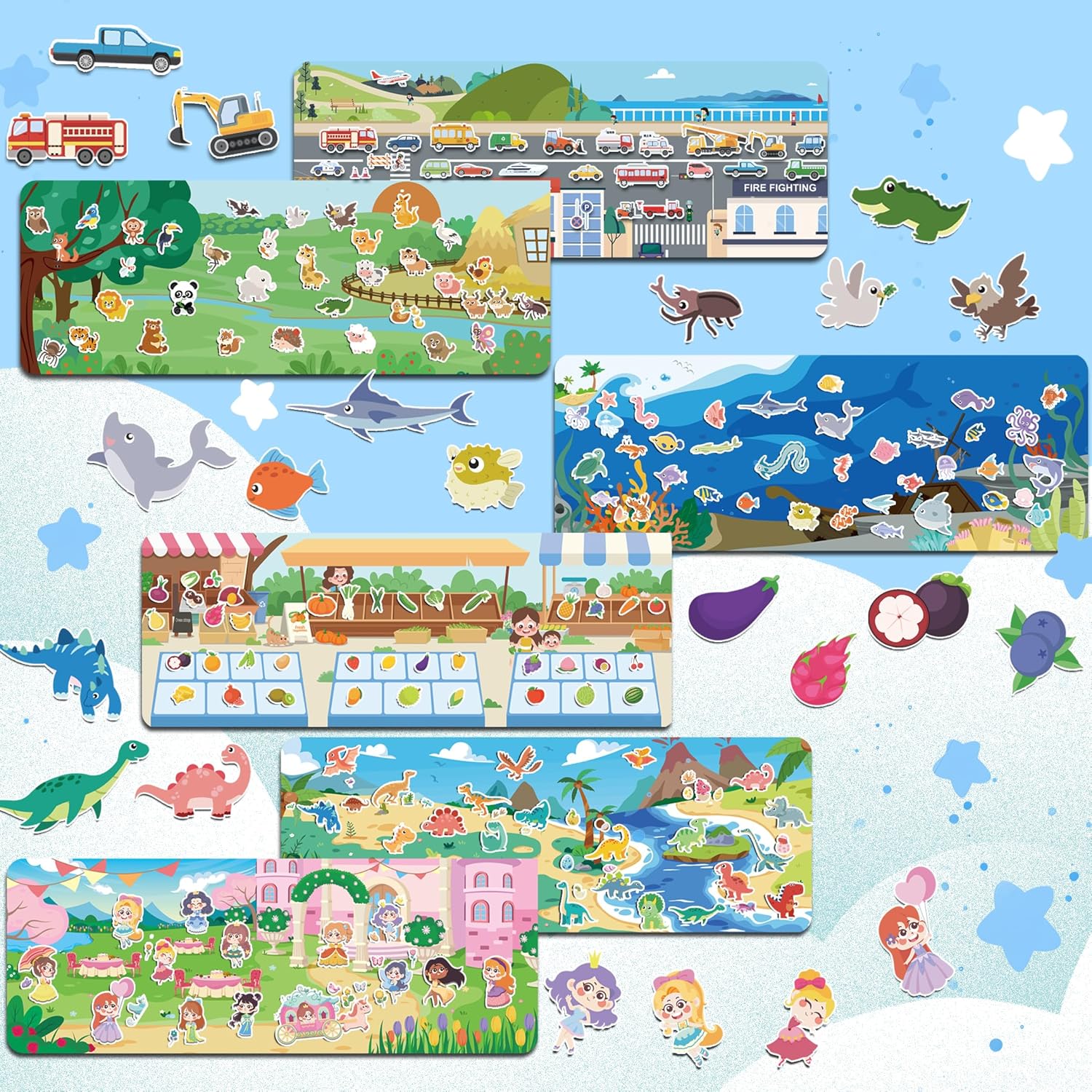 4 Large Pages Per Set, Puffy Reusable Sticker Books for Toddlers 2-4 Years with 240+ Waterproof, Easy to Clean Reusable Stickers