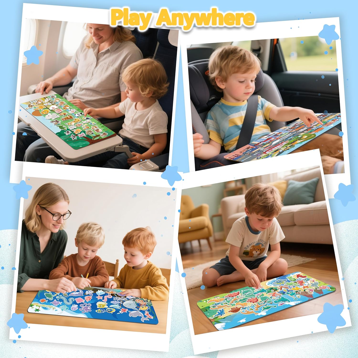 4 Large Pages Per Set, Puffy Reusable Sticker Books for Toddlers 2-4 Years with 240+ Waterproof, Easy to Clean Reusable Stickers