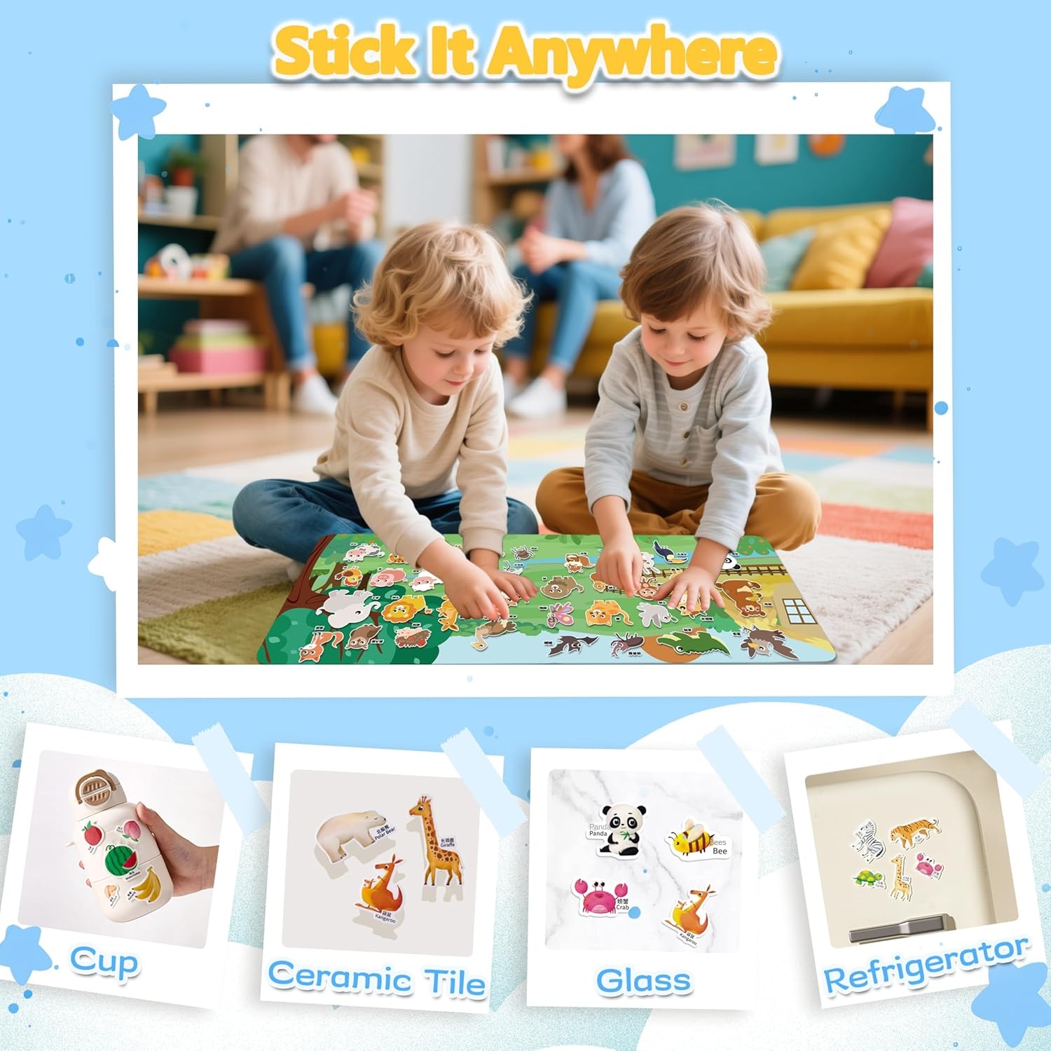 4 Large Pages Per Set, Puffy Reusable Sticker Books for Toddlers 2-4 Years with 240+ Waterproof, Easy to Clean Reusable Stickers