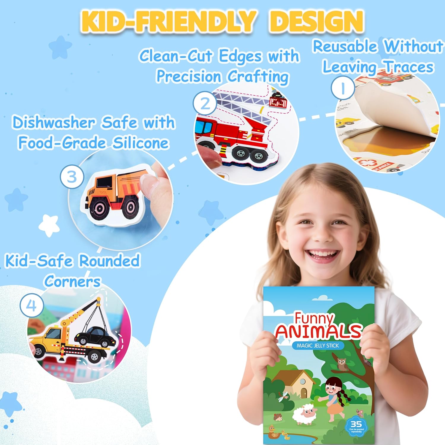 4 Large Pages Per Set, Puffy Reusable Sticker Books for Toddlers 2-4 Years with 240+ Waterproof, Easy to Clean Reusable Stickers