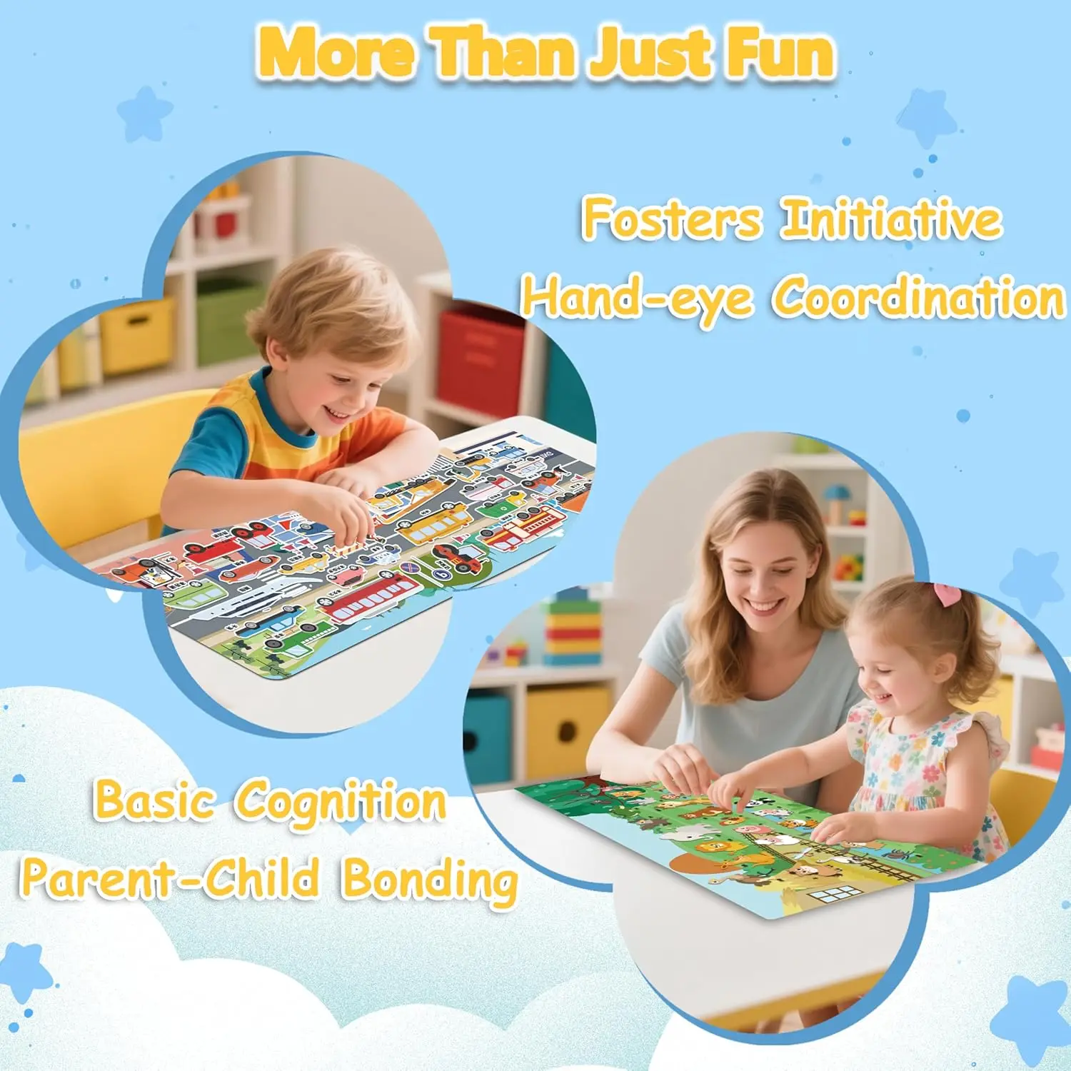 4 Large Pages Per Set, Puffy Reusable Sticker Books for Toddlers 2-4 Years with 240+ Waterproof, Easy to Clean Reusable Stickers