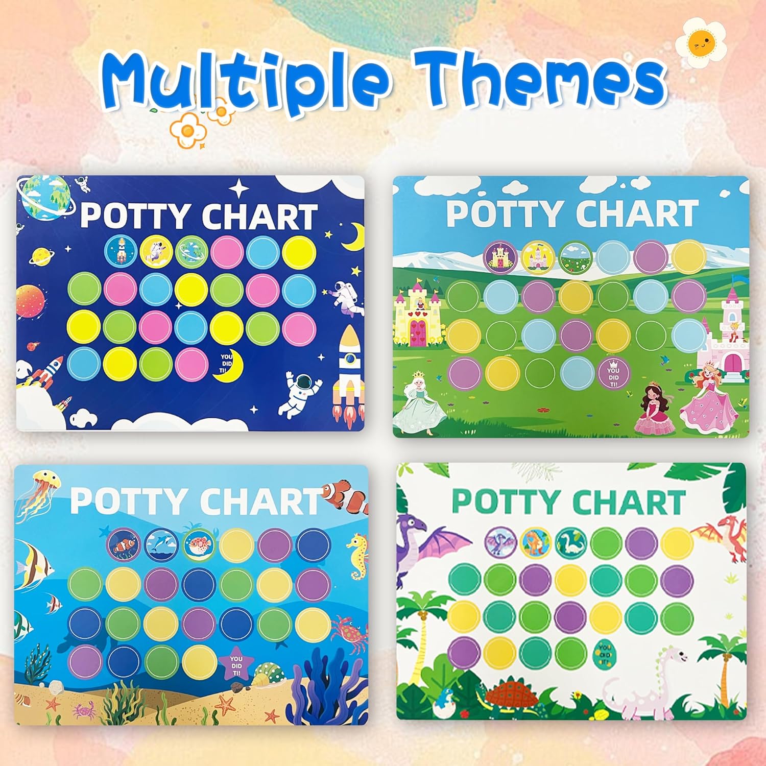4 Themes Potty Training Chart with Waterproof Stickers, Potty Training Charts for Toddler Boys & Girls, Reward Chart for Kids
