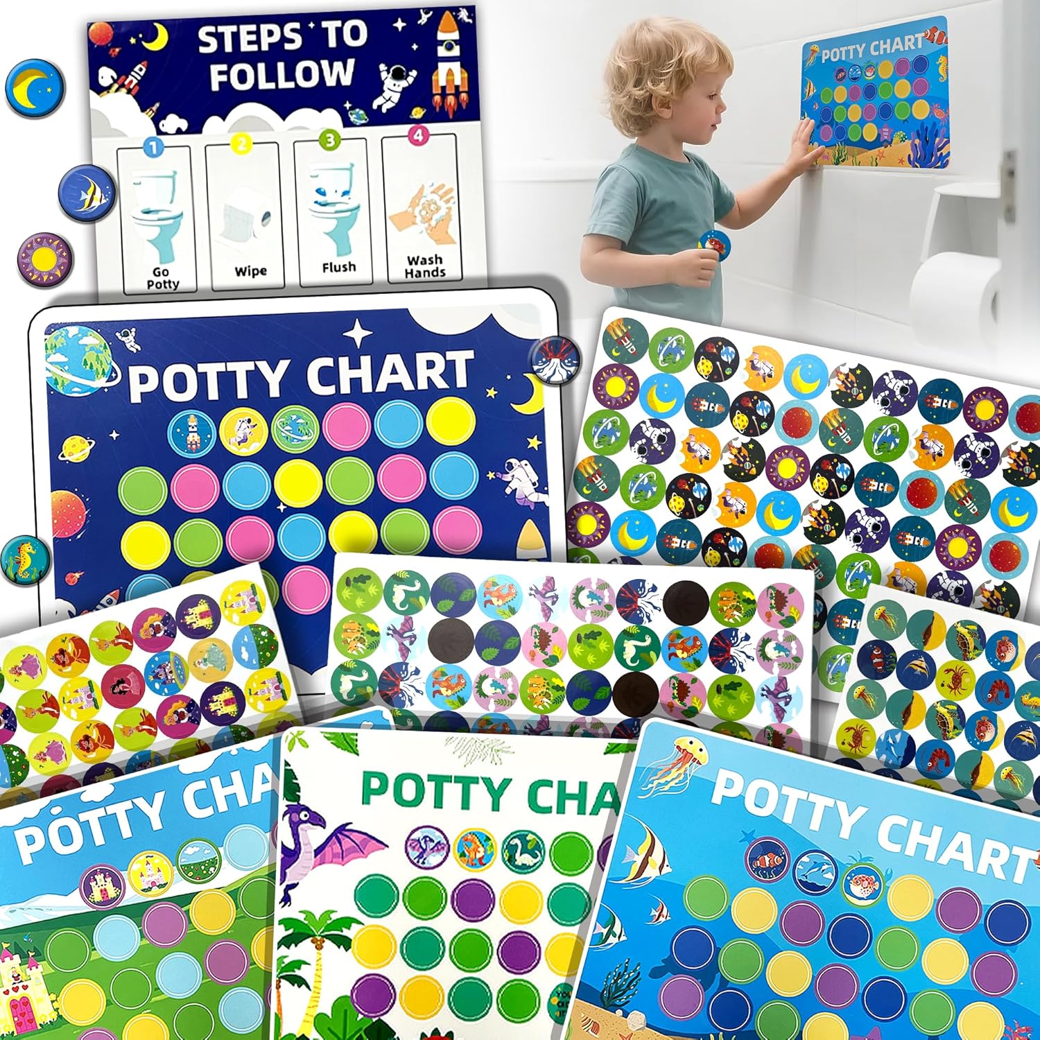 4 Themes Potty Training Chart with Waterproof Stickers, Potty Training Charts for Toddler Boys & Girls, Reward Chart for Kids