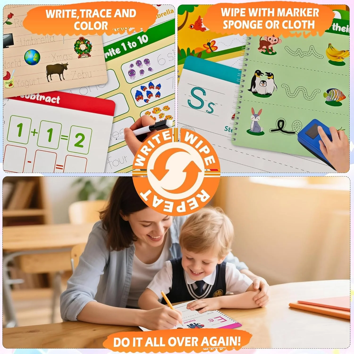 40 Activities Reusable Tracing Books for Kids with 8 Erasable Marker & 140 Stickers,Reusable Handwriting Practice for Kids