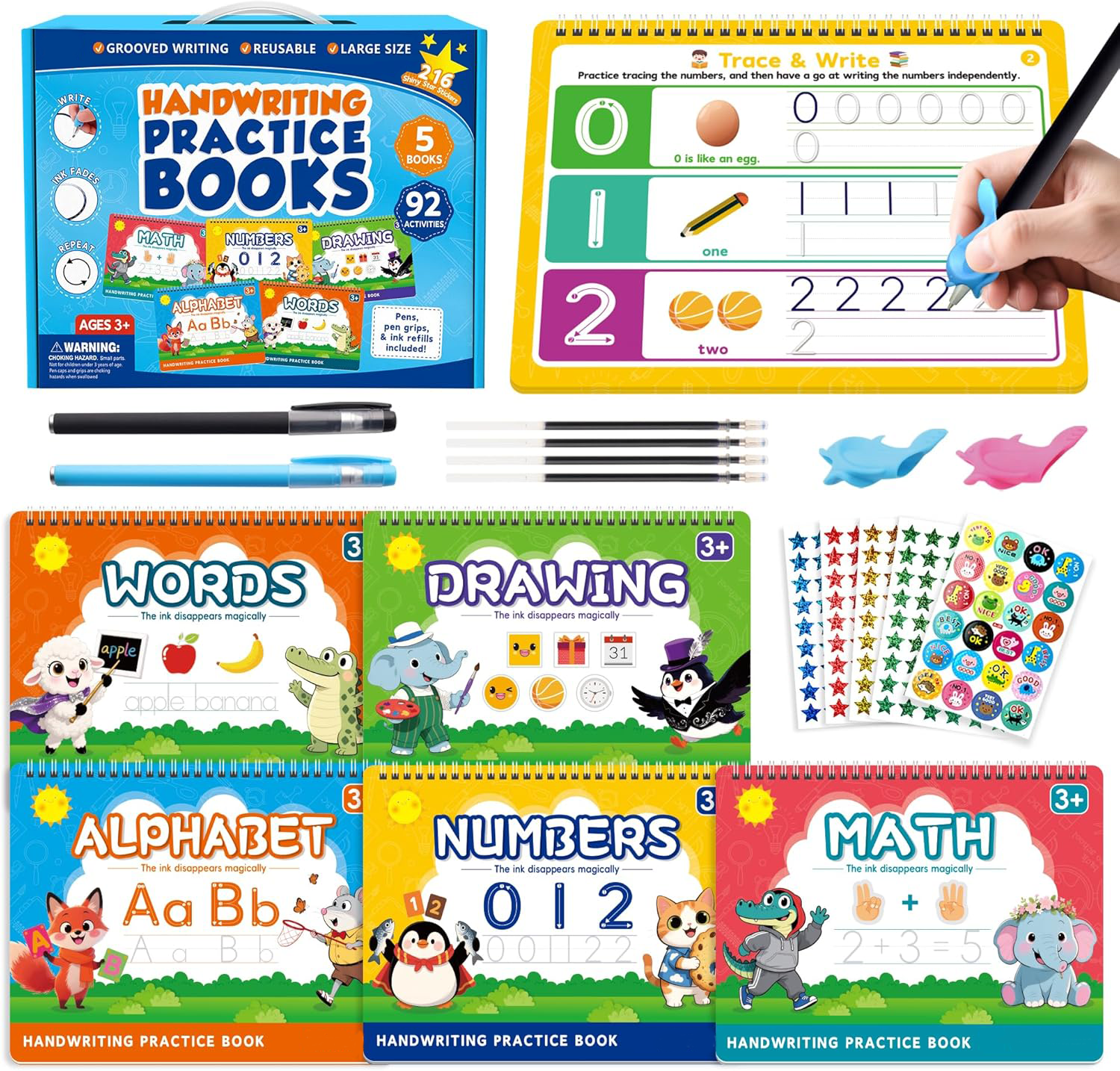 5 Packs in 1 Large Reusable Magic Grooved Writing Practice for Kids, Large Grooved Handwriting Copybook