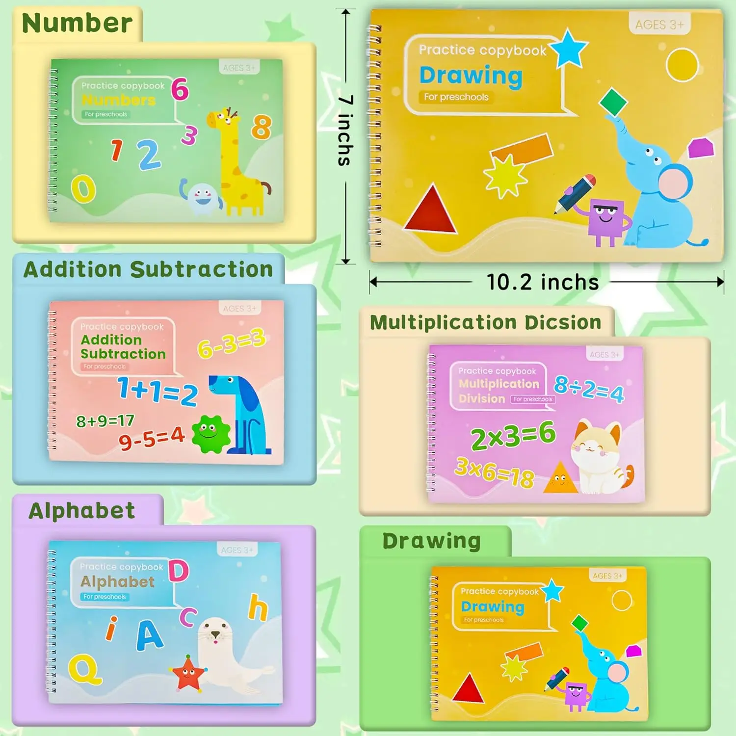 5 Packs in 1 Large Reusable Magic Grooved Writing Practice for Kids with 2 Pen & 10 Refills, Disappearing Ink Handwriting Book
