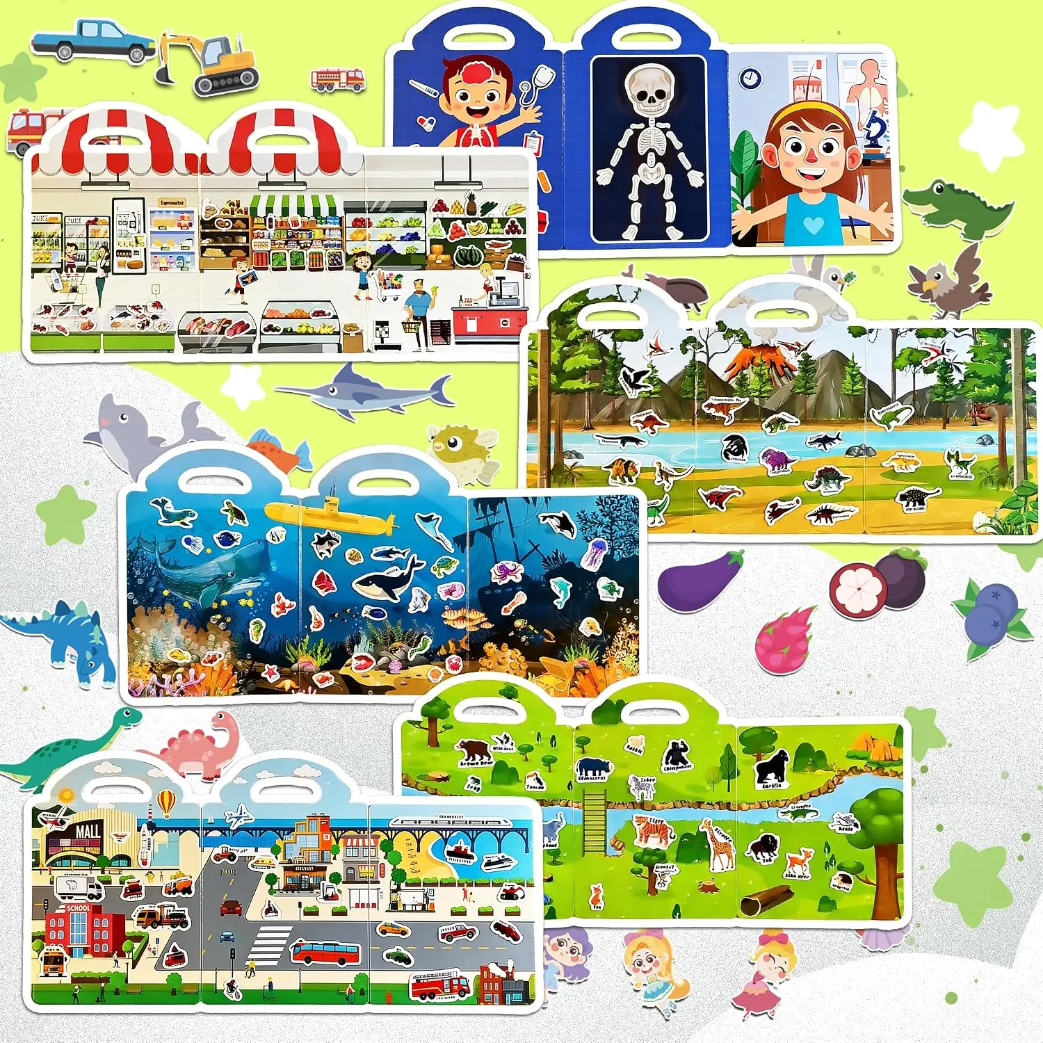 6 Sets 4 Large Pages Per Set Puffy Reusable Sticker Books for Toddlers 2-4 Years 240 Waterproof Easy Clean Stickers Silicone