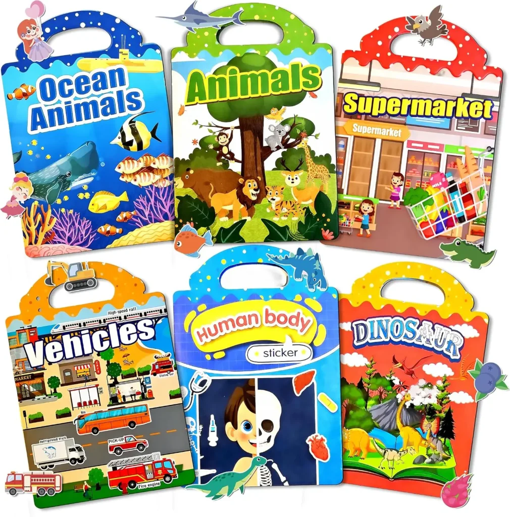6 Sets 4 Large Pages Per Set Puffy Reusable Sticker Books for Toddlers 2-4 Years 240 Waterproof Easy Clean Stickers Silicone