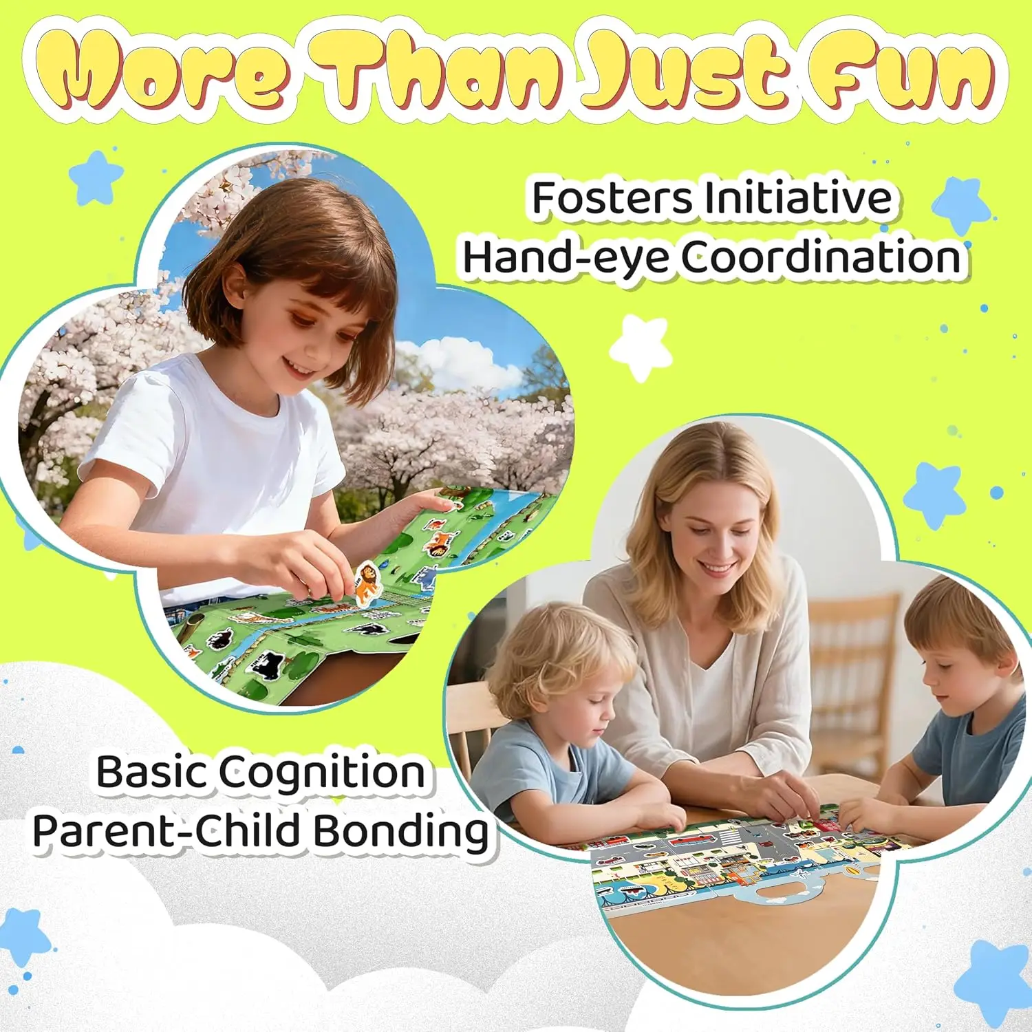 6 Sets 4 Large Pages Per Set Puffy Reusable Sticker Books for Toddlers 2-4 Years 240 Waterproof Easy Clean Stickers Silicone