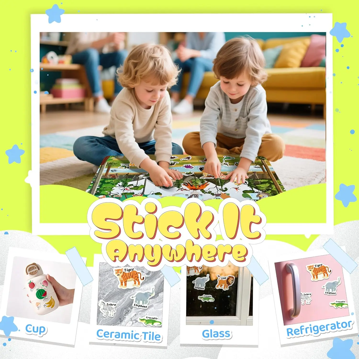 6 Sets 4 Large Pages Per Set Puffy Reusable Sticker Books for Toddlers 2-4 Years 240 Waterproof Easy Clean Stickers Silicone