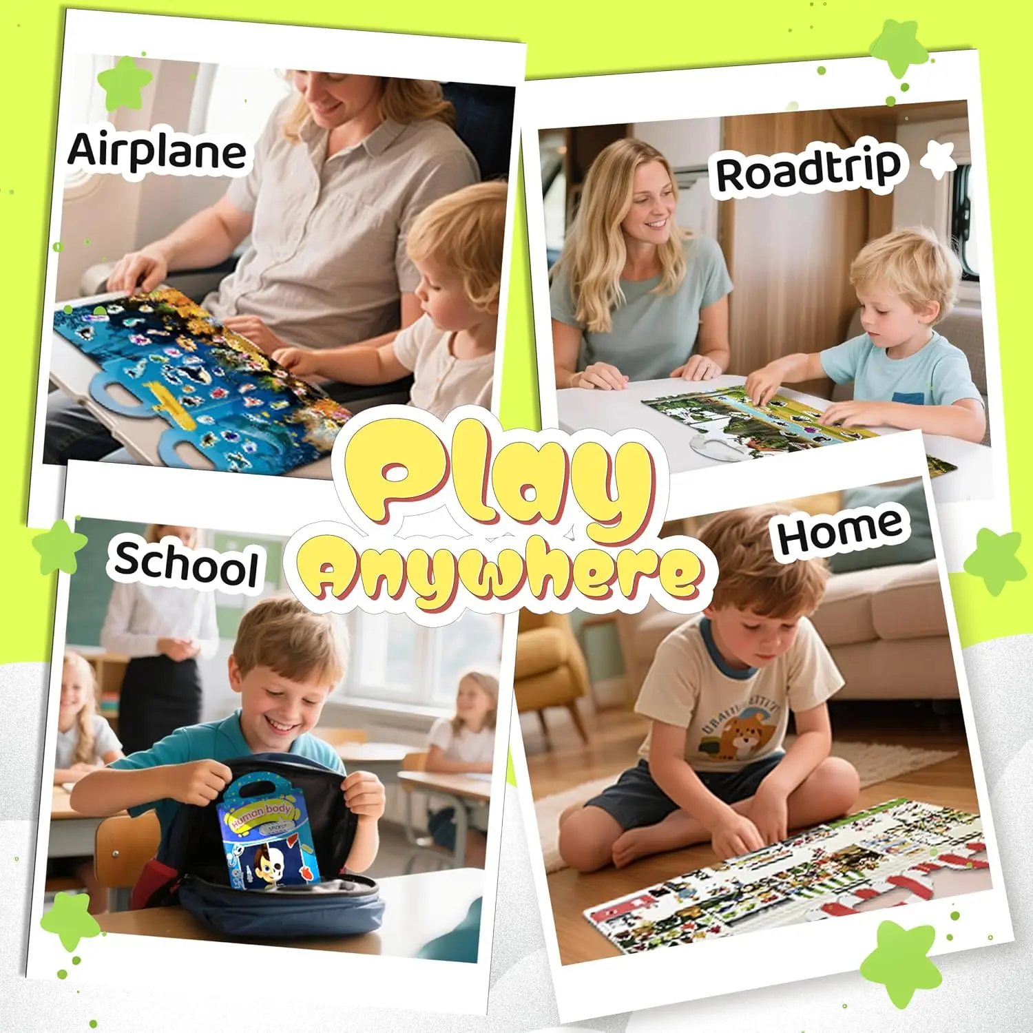 6 Sets 4 Large Pages Per Set Puffy Reusable Sticker Books for Toddlers 2-4 Years 240 Waterproof Easy Clean Stickers Silicone