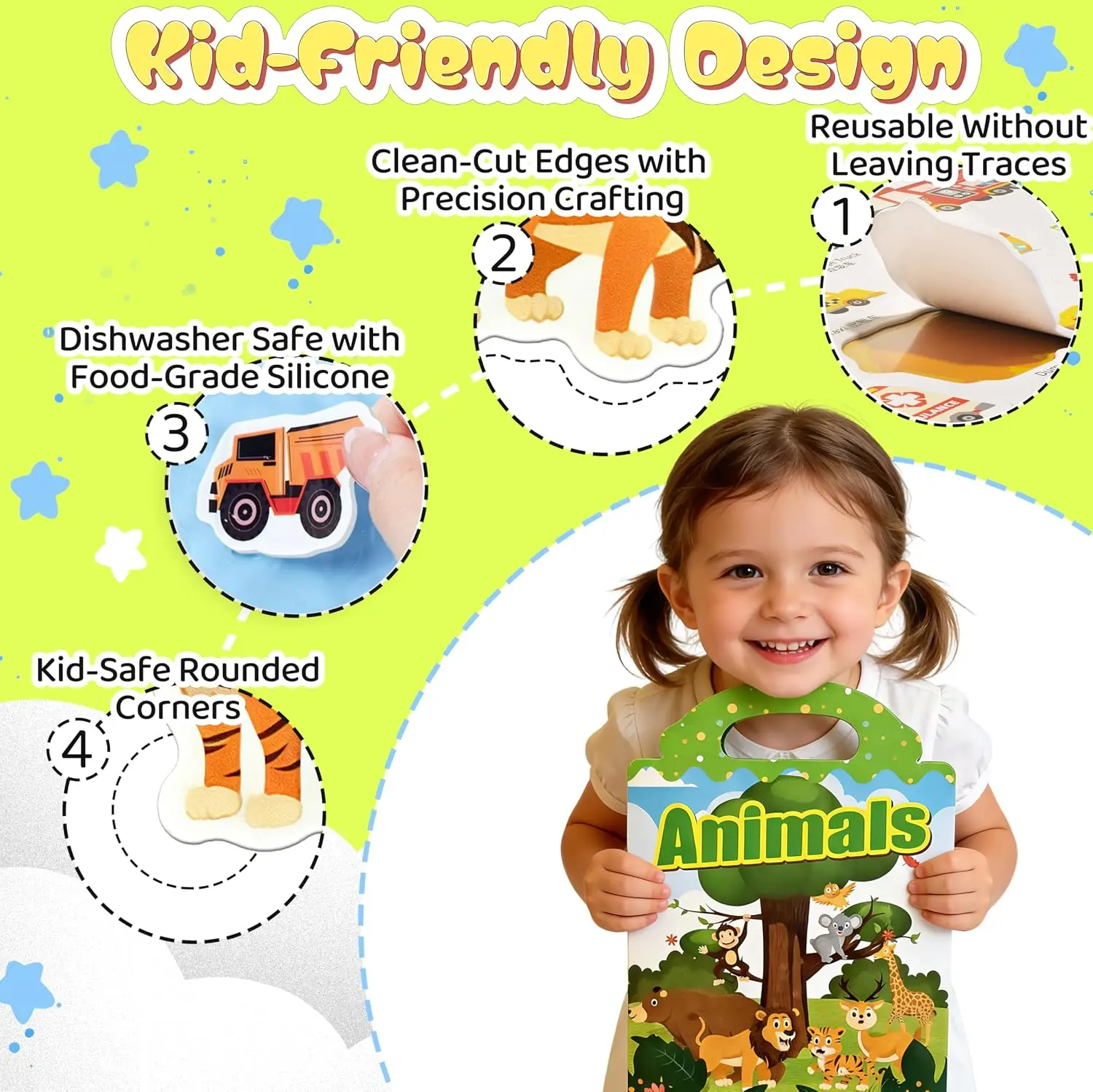 6 Sets 4 Large Pages Per Set Puffy Reusable Sticker Books for Toddlers 2-4 Years 240 Waterproof Easy Clean Stickers Silicone