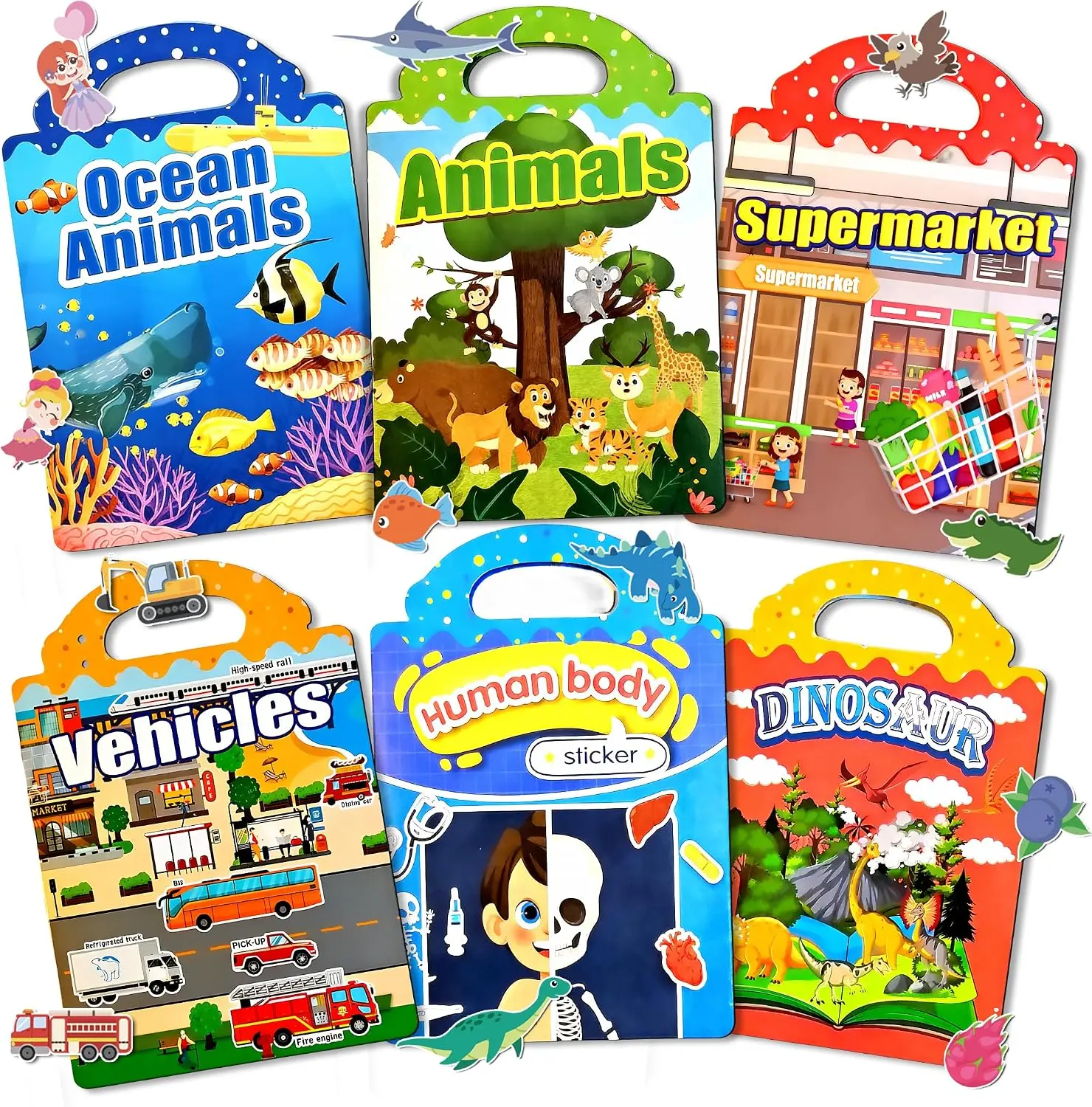 6 Sets 4 Large Pages Per Set Puffy Reusable Sticker Books for Toddlers 2-4 Years 240 Waterproof Easy Clean Stickers Silicone