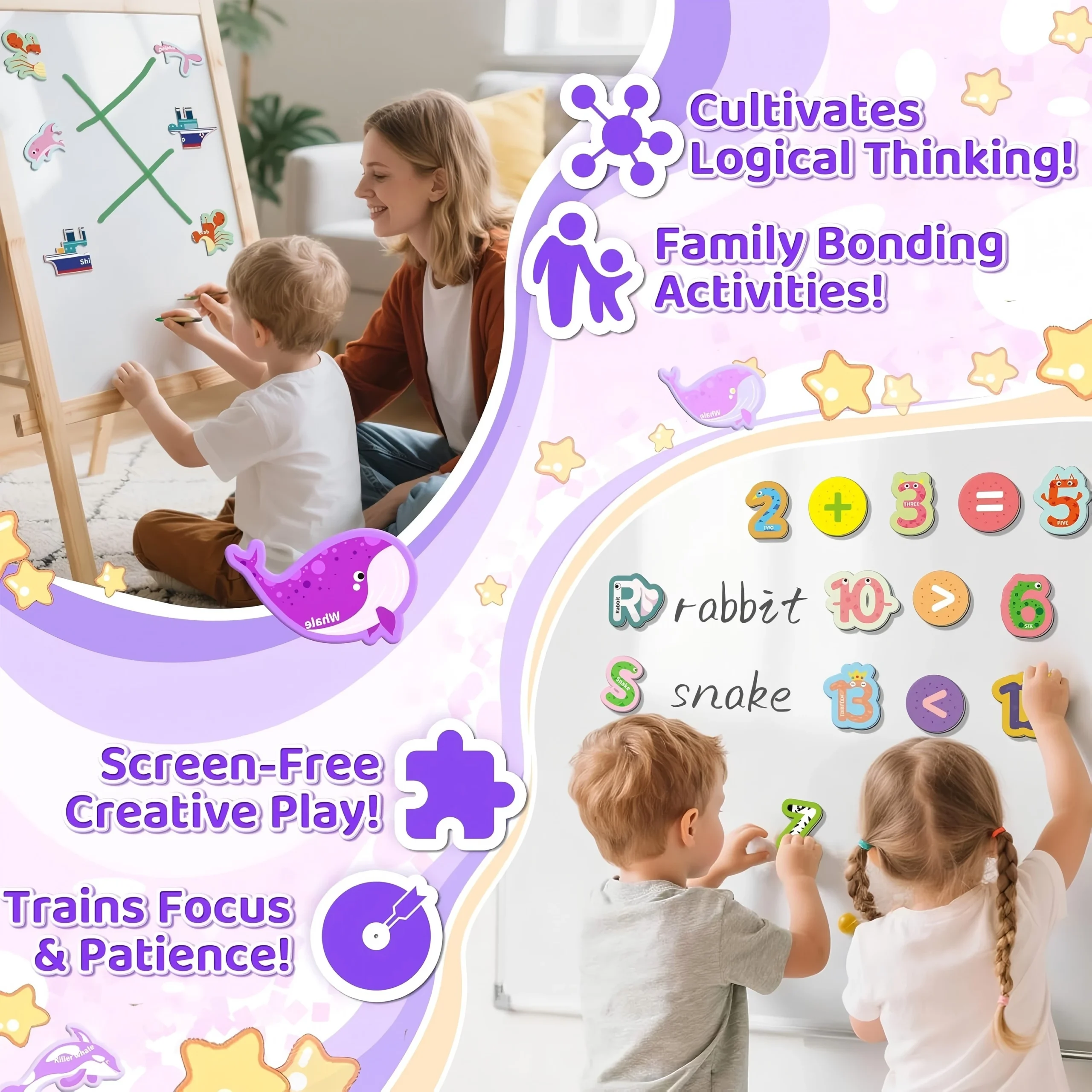 6 Themes Large Fridge Magnets for Toddler, Large Magnetic Letters, Numbers, Ocean, Animals & Vehicles, Magnetic Puzzles for Kids