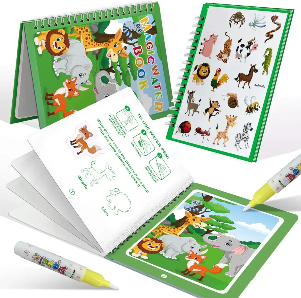 Flamax 6-Piece Reusable Magic Water Painting Book Set 110 Stickers NO-Mess Pen for Toddlers 1-3 Years Drawing