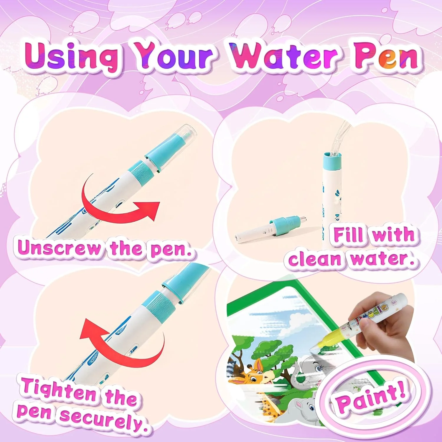 Flamax 6-Piece Reusable Magic Water Painting Book Set 110 Stickers NO-Mess Pen for Toddlers 1-3 Years Drawing
