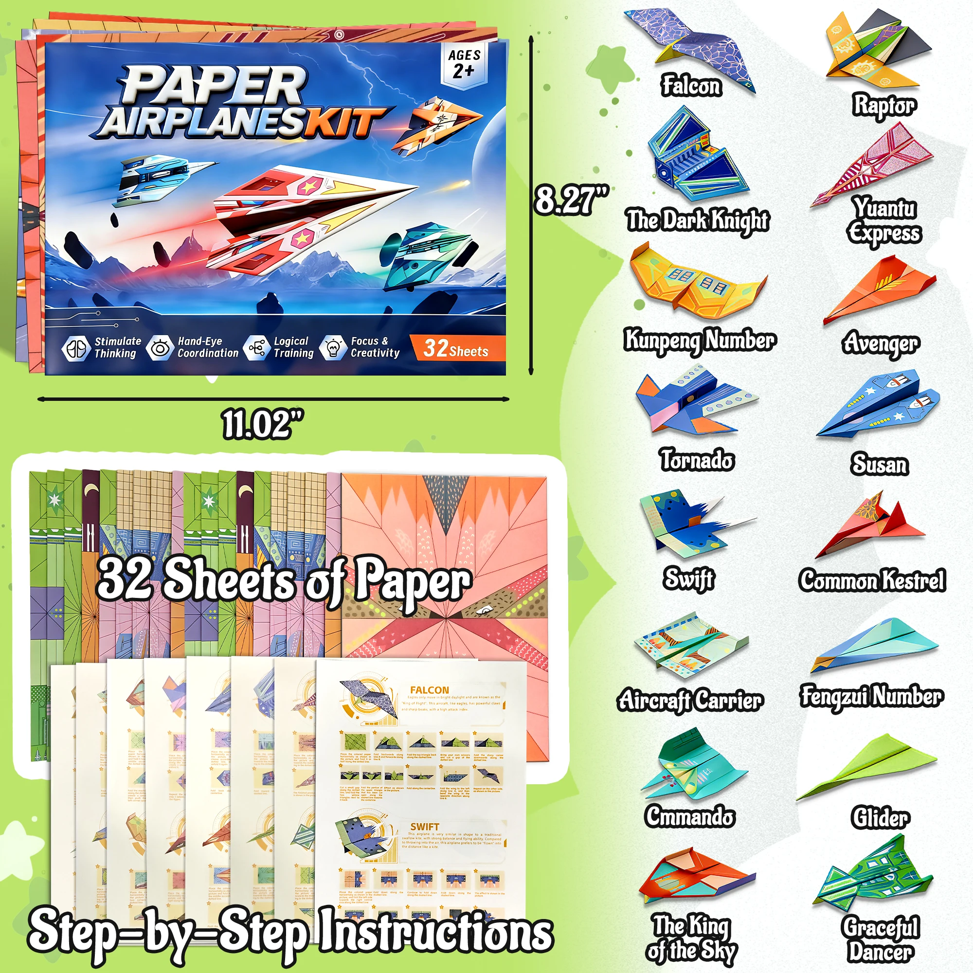 Colorful Origami Paper Airplane Kit for Kids with 16 Classic Designs, Creative Fold and Fly Toddler Crafts Plane