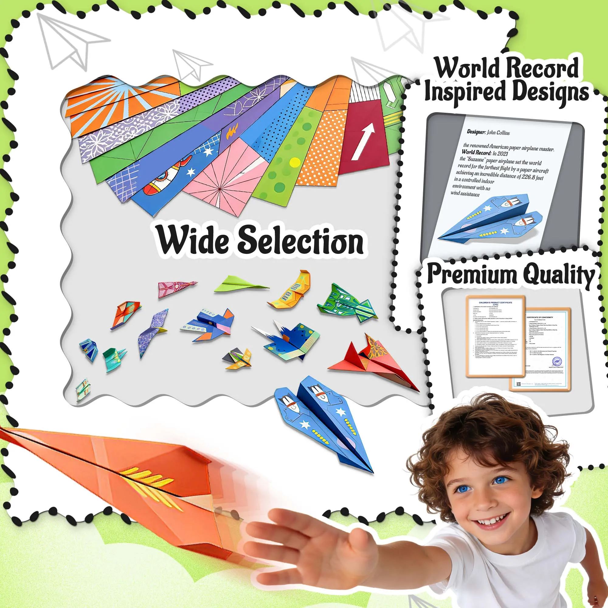 Colorful Origami Paper Airplane Kit for Kids with 16 Classic Designs, Creative Fold and Fly Toddler Crafts Plane