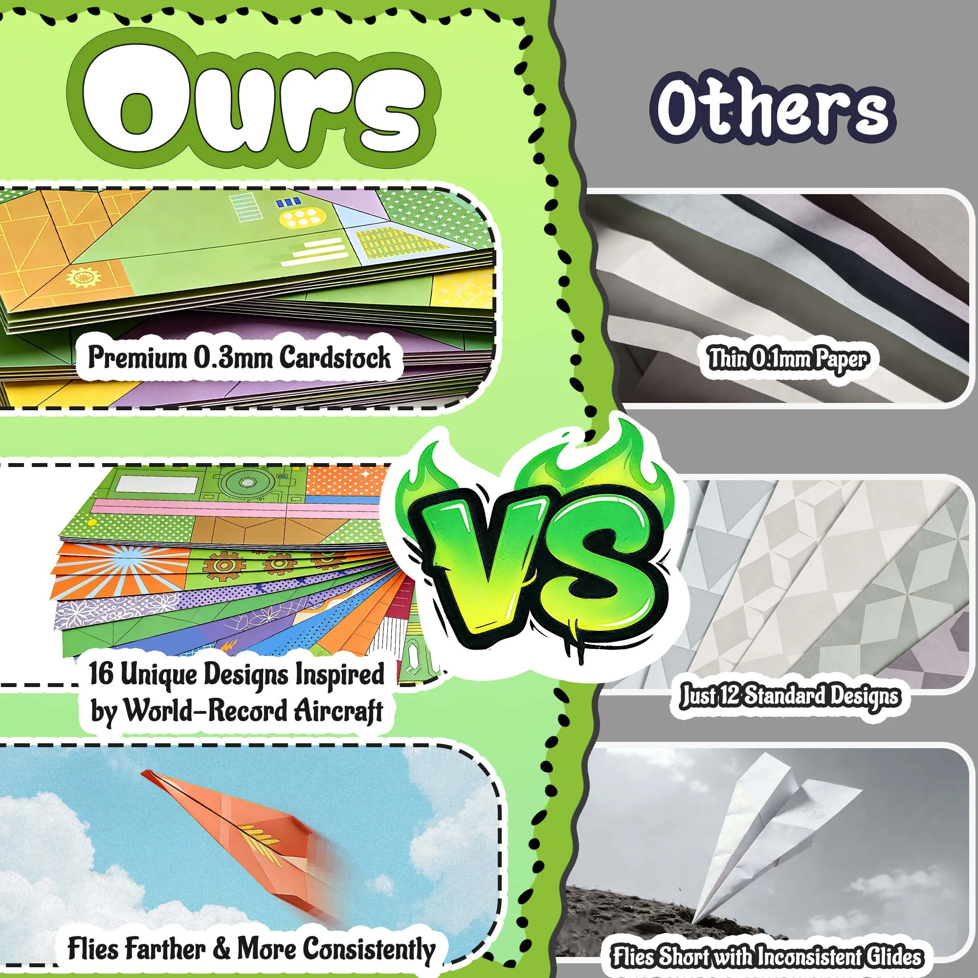 Colorful Origami Paper Airplane Kit for Kids with 16 Classic Designs, Creative Fold and Fly Toddler Crafts Plane