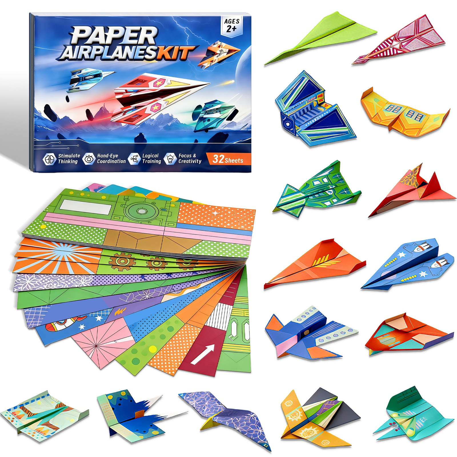Colorful Origami Paper Airplane Kit for Kids with 16 Classic Designs, Creative Fold and Fly Toddler Crafts Plane