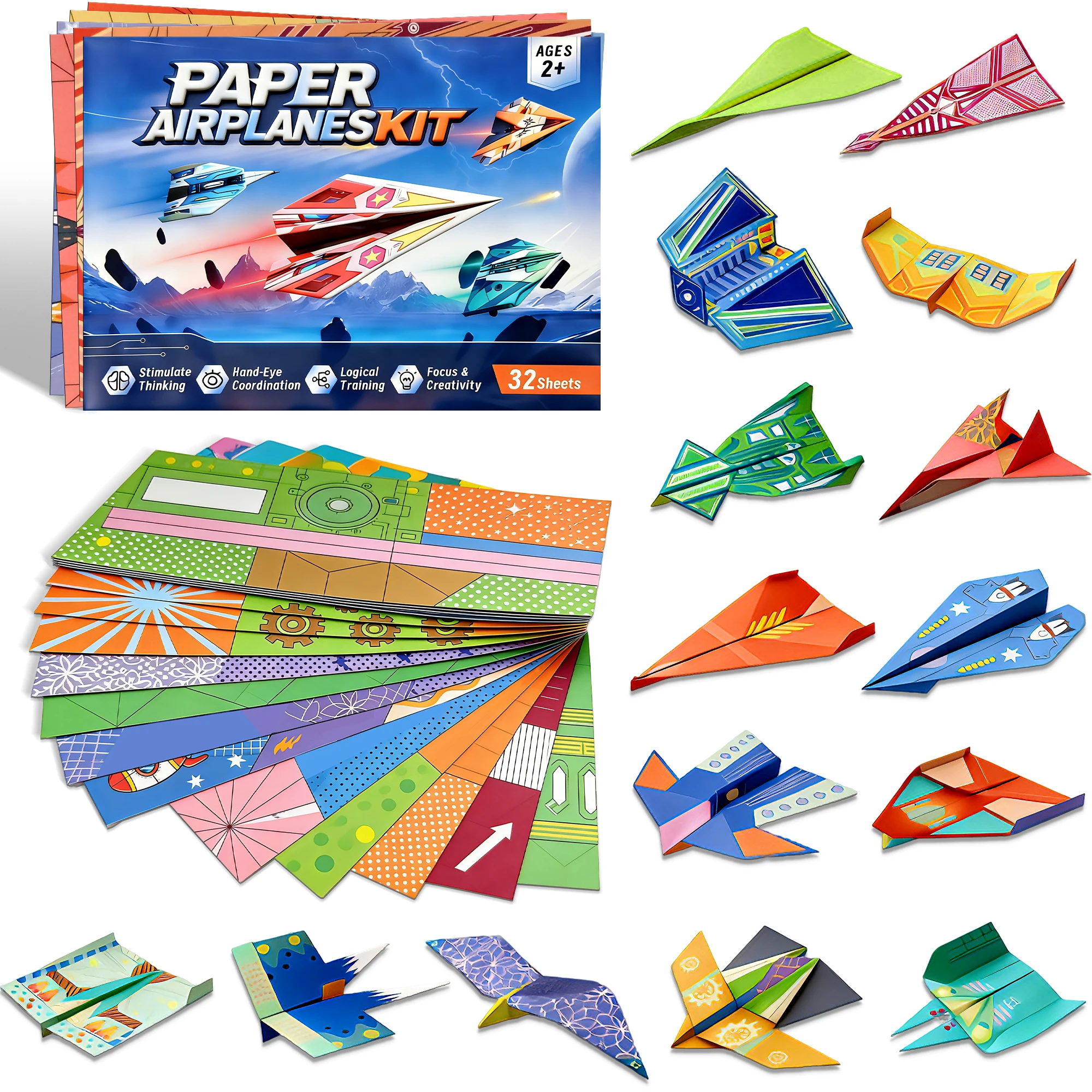 Colorful Origami Paper Airplane Kit for Kids with 16 Classic Designs, Creative Fold and Fly Toddler Crafts Plane