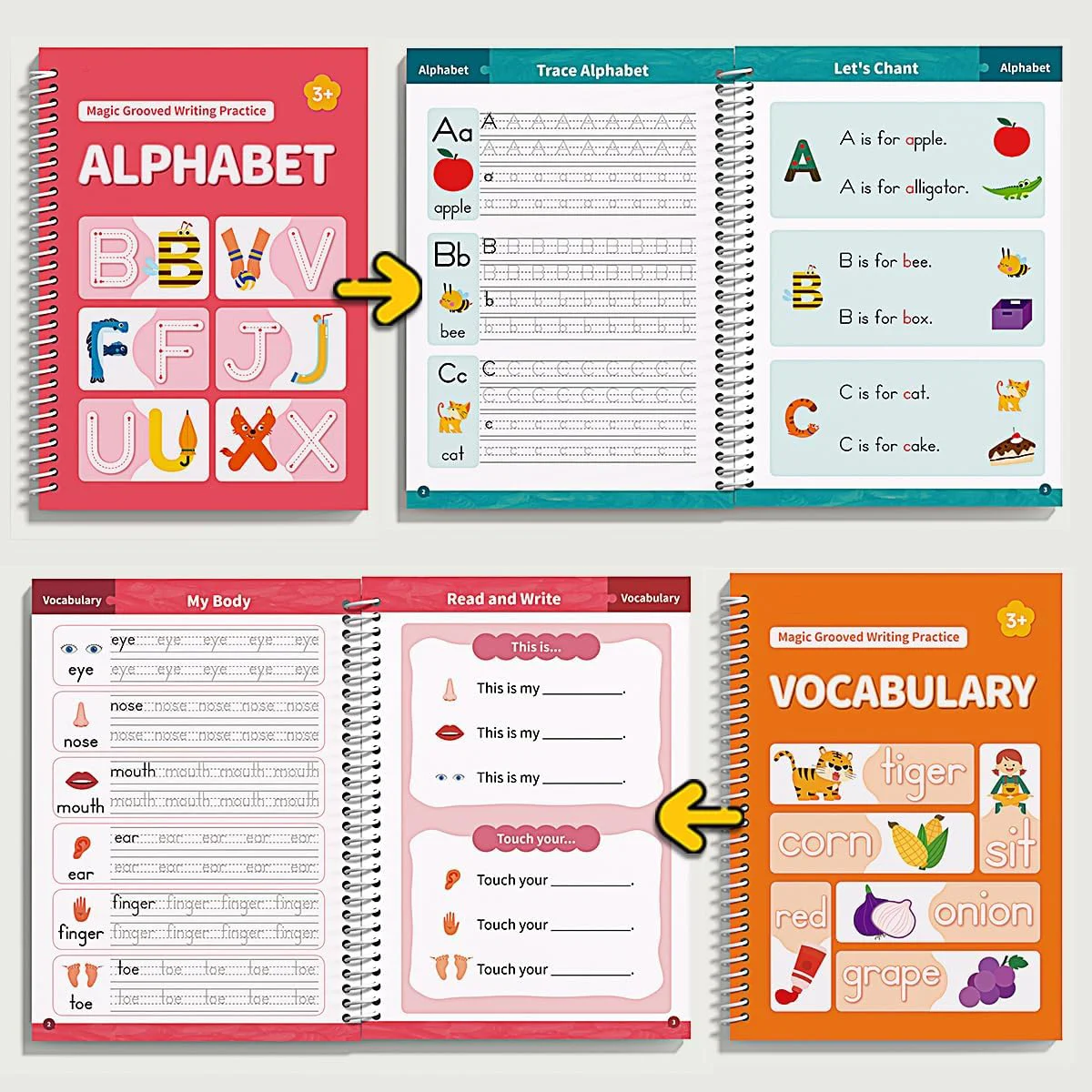 Magic Grooved Writing Practice Books, Reusable 3D Groove Handwriting Practice Workbooks for Kids