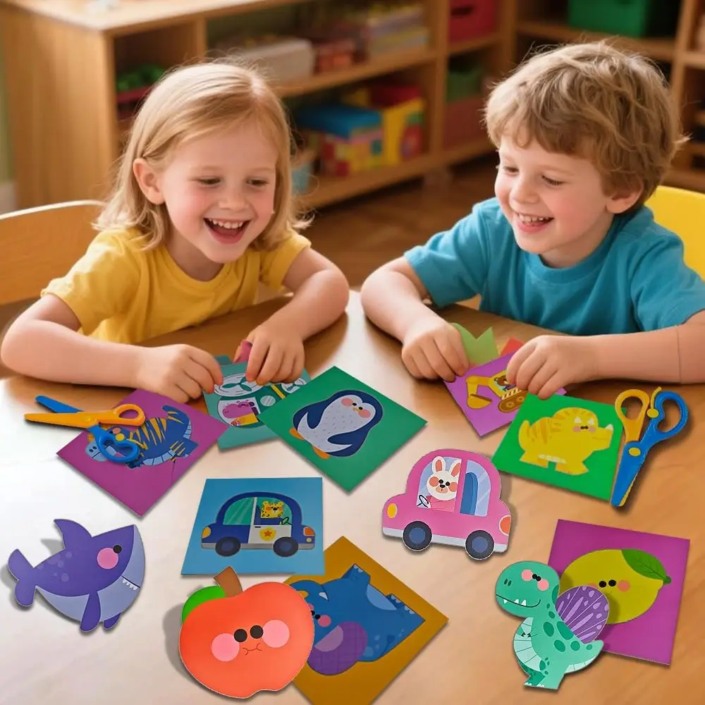Flamax Scissor Skills Activity Book Craft Scissors Set Safety Scissors 40 Colored Cardstock Paper Elephant/Shark/Dinosaur/Car