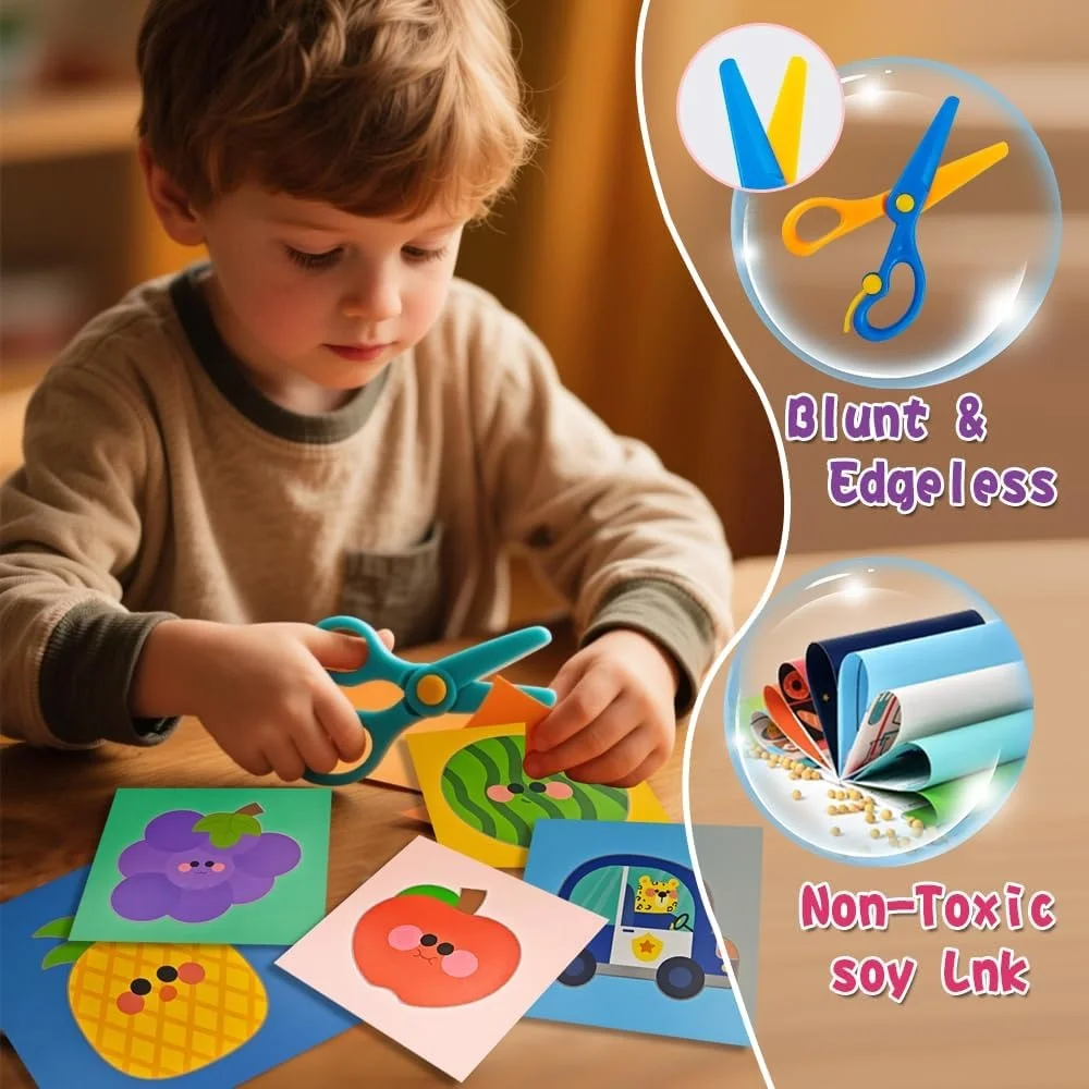 Flamax Scissor Skills Activity Book Craft Scissors Set Safety Scissors 40 Colored Cardstock Paper Elephant/Shark/Dinosaur/Car