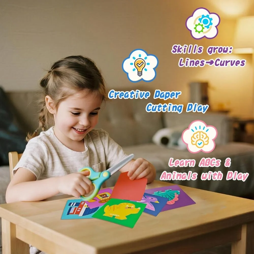 Flamax Scissor Skills Activity Book Craft Scissors Set Safety Scissors 40 Colored Cardstock Paper Elephant/Shark/Dinosaur/Car
