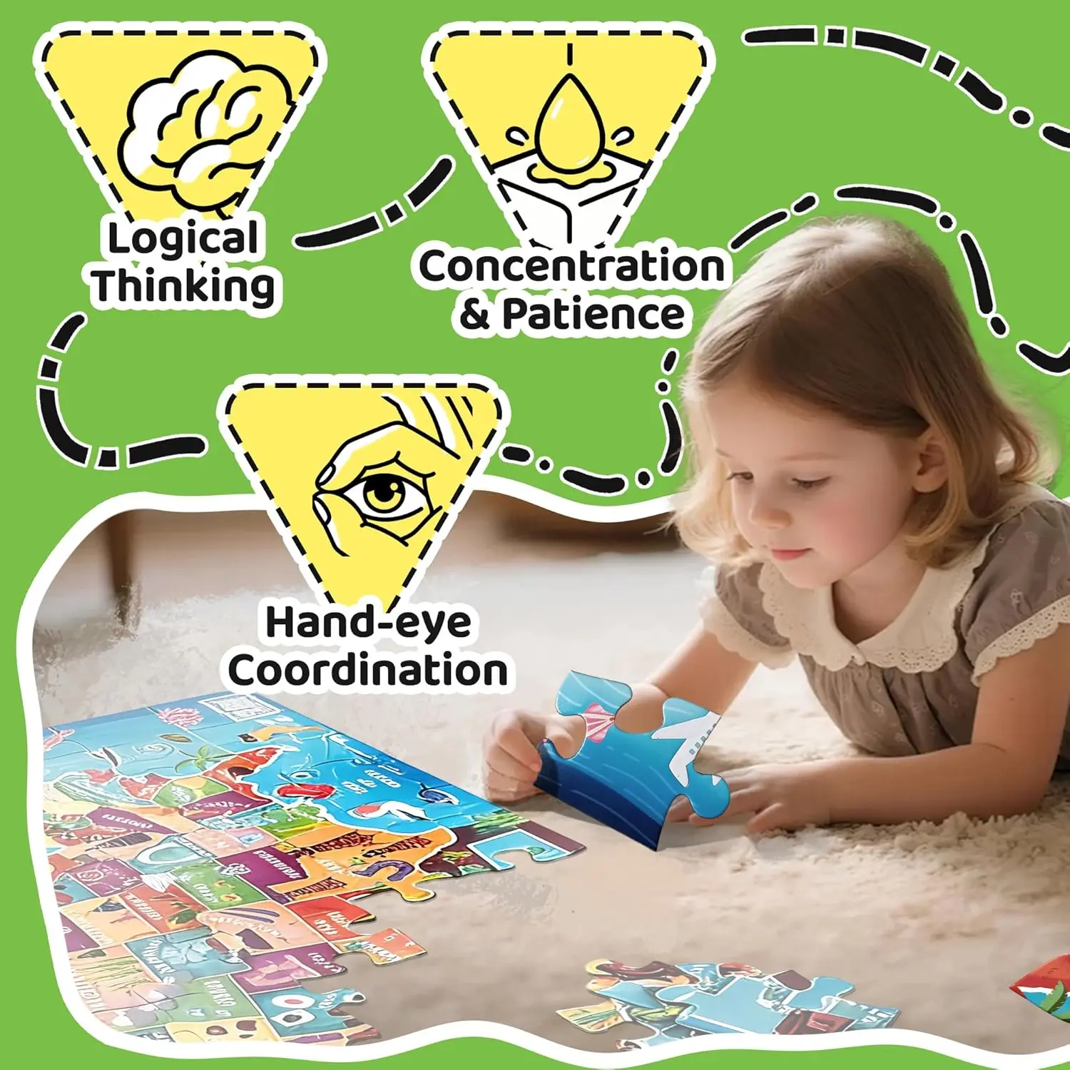 Large 46 Pcs 36″x24″ Geography United States Puzzles for Kids with Landscape Culture, Floor USA Map Puzzle, USA Map Puzzle