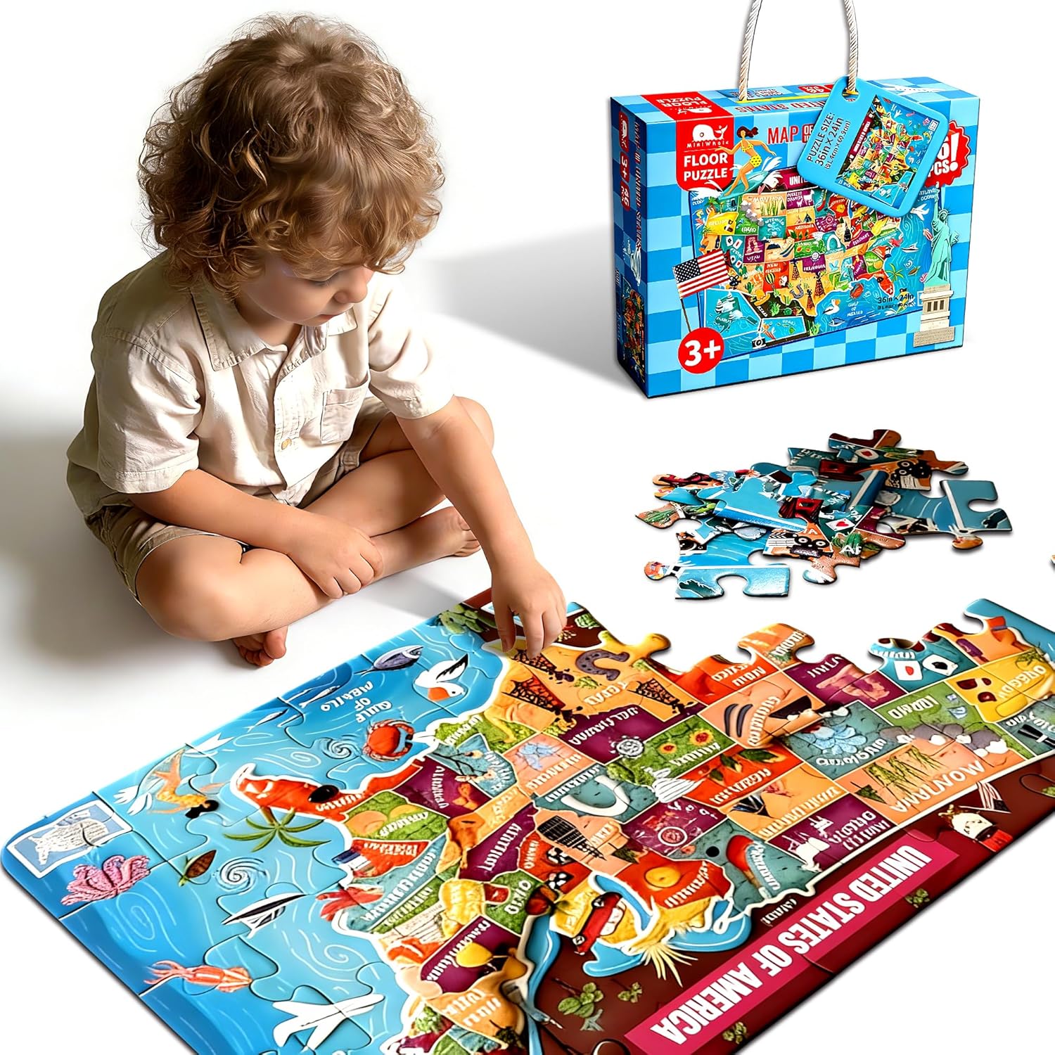 Large 46 Pcs 36″x24″ Geography United States Puzzles for Kids with Landscape Culture, Floor USA Map Puzzle, USA Map Puzzle