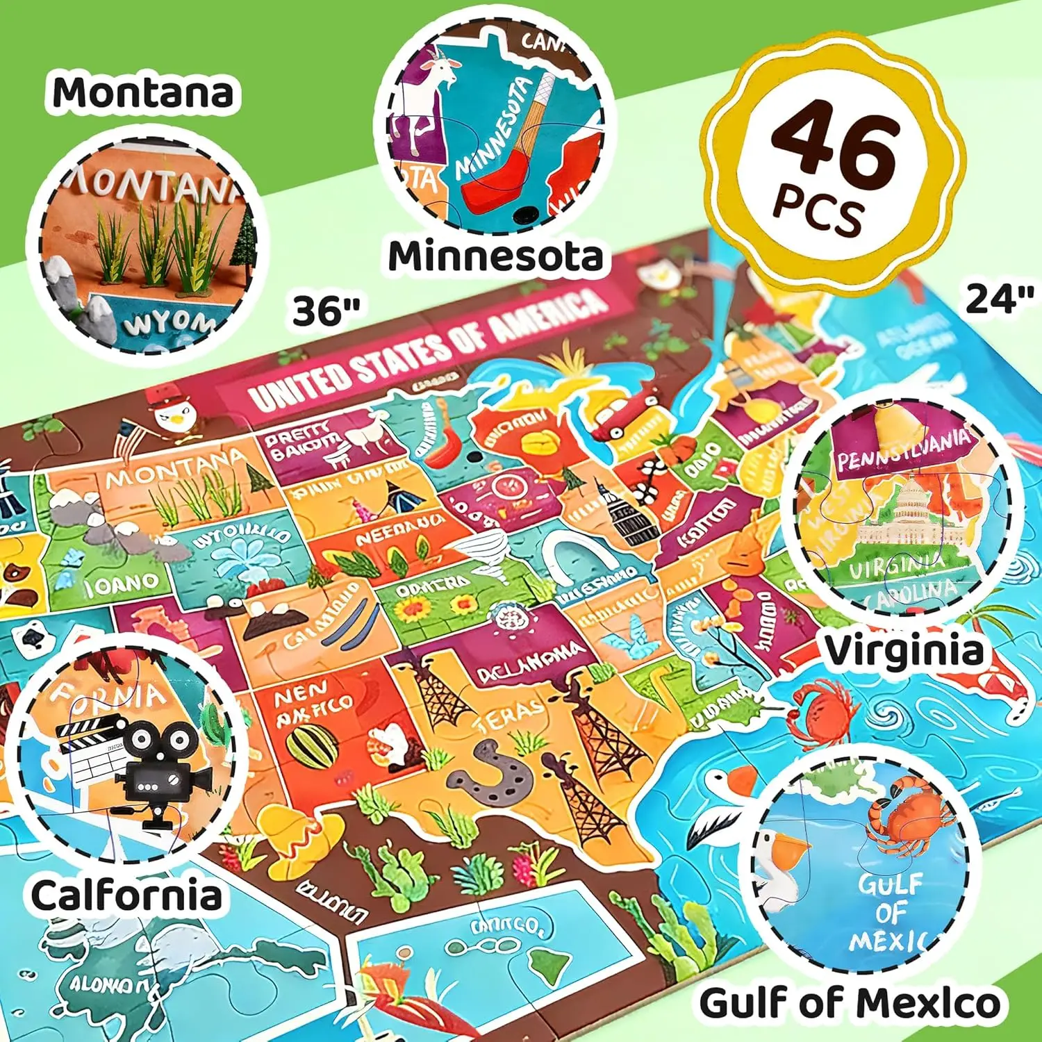 Large 46 Pcs 36″x24″ Geography United States Puzzles for Kids with Landscape Culture, Floor USA Map Puzzle, USA Map Puzzle