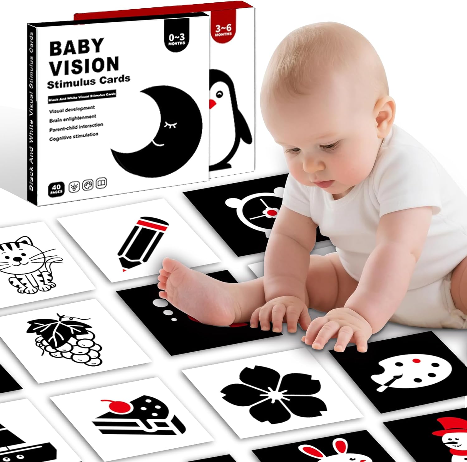 Large 5.7″x5.7″ 40 Pages High Contrast Baby Cards for Infants 0-36 Months, Visual Stimulation Black and White Card for Newborns