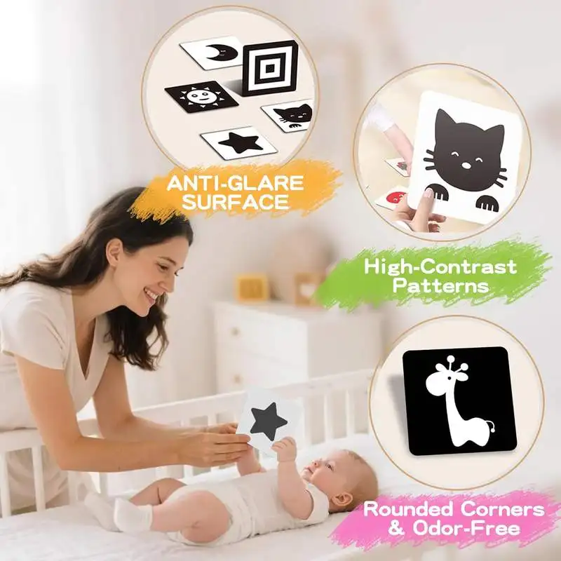 Large 5.7″x5.7″ 40 Pages High Contrast Baby Cards for Infants 0-36 Months, Visual Stimulation Black and White Card for Newborns