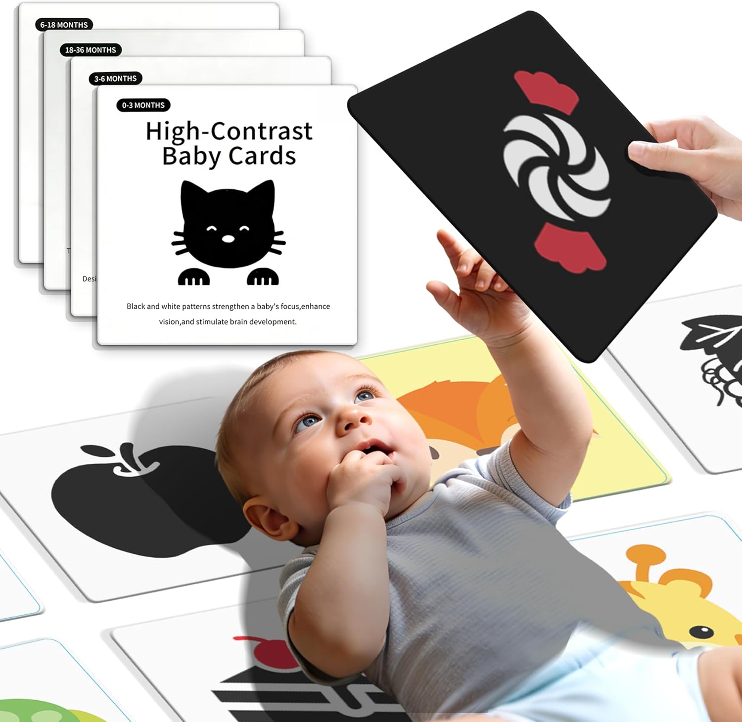 Large 8.3″x8.3″ 160 Pages High Contrast Baby Cards for Infants 0-36 Months, Visual Stimulation Black and White Card for Newborns