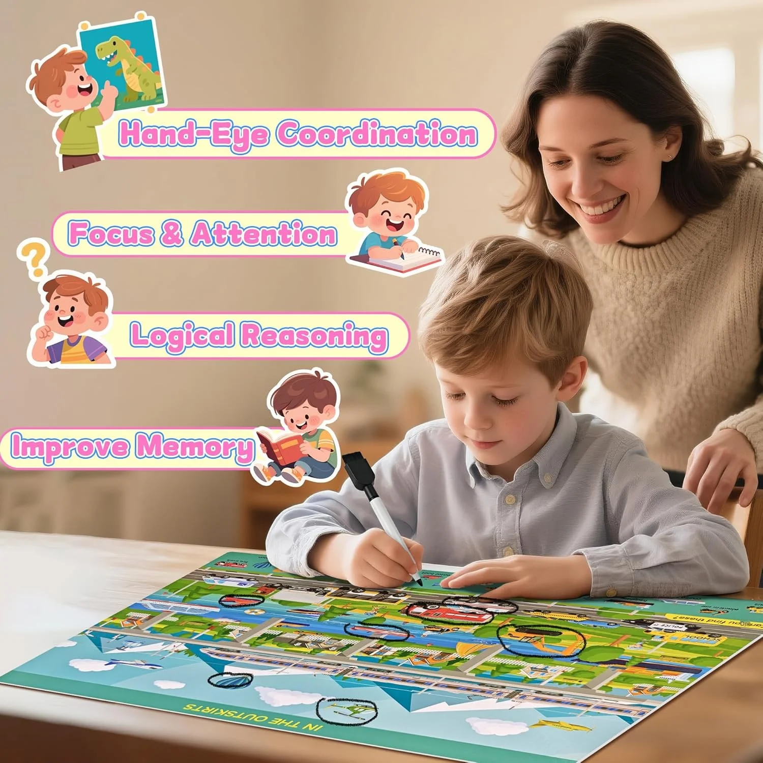 Large Reusable Search and Find Books for Kids with 4 Dry-Eraser Markers & Stickers, Hidden Pictures Book, Hidden Pictures Book
