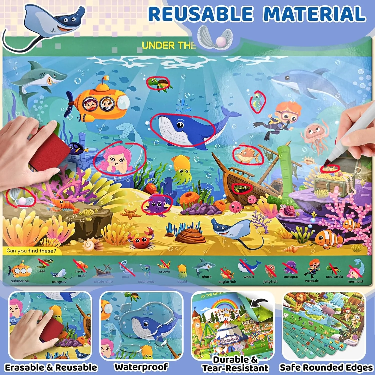 Large Reusable Search and Find Books for Kids with 4 Dry-Eraser Markers & Stickers, Hidden Pictures Book, Hidden Pictures Book
