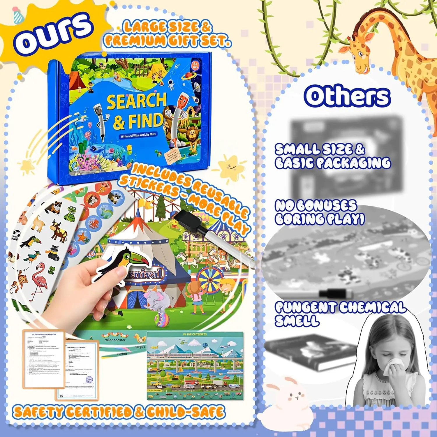 Large Reusable Search and Find Books for Kids with 4 Dry-Eraser Markers & Stickers, Hidden Pictures Book, Hidden Pictures Book